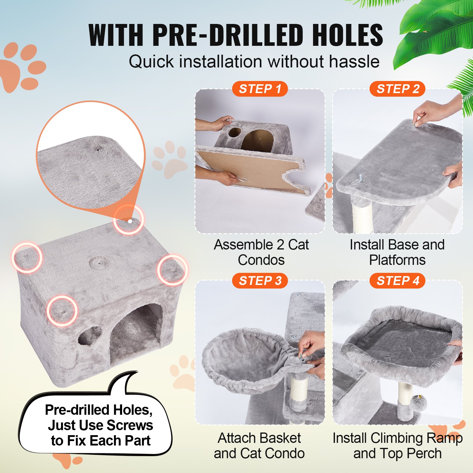 Árbol para gatos de interior VEVOR, torre de 173 cm con 2 compartimentos, poste rascador de sisal, hamacas, perchas superiores, plataformas de salto y rampa, centro de actividades con pelotas colgantes, gris claro