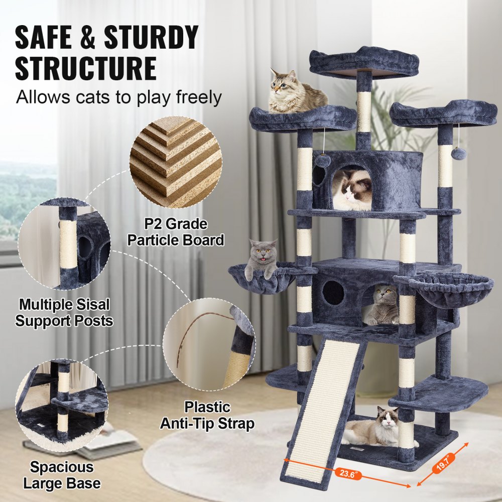 Árbol para gatos de interior VEVOR, torre de 173 cm con 2 compartimentos, poste rascador de sisal, hamacas, perchas superiores, plataformas de salto y rampa, centro de actividades con pelotas colgantes, gris oscuro