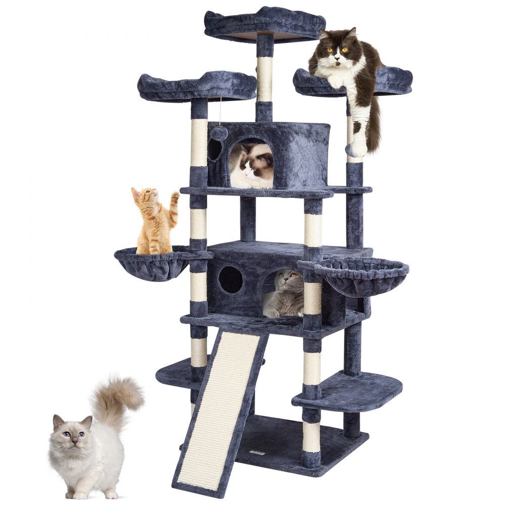 Árbol para gatos de interior VEVOR, torre de 173 cm con 2 compartimentos, poste rascador de sisal, hamacas, perchas superiores, plataformas de salto y rampa, centro de actividades con pelotas colgantes, gris oscuro