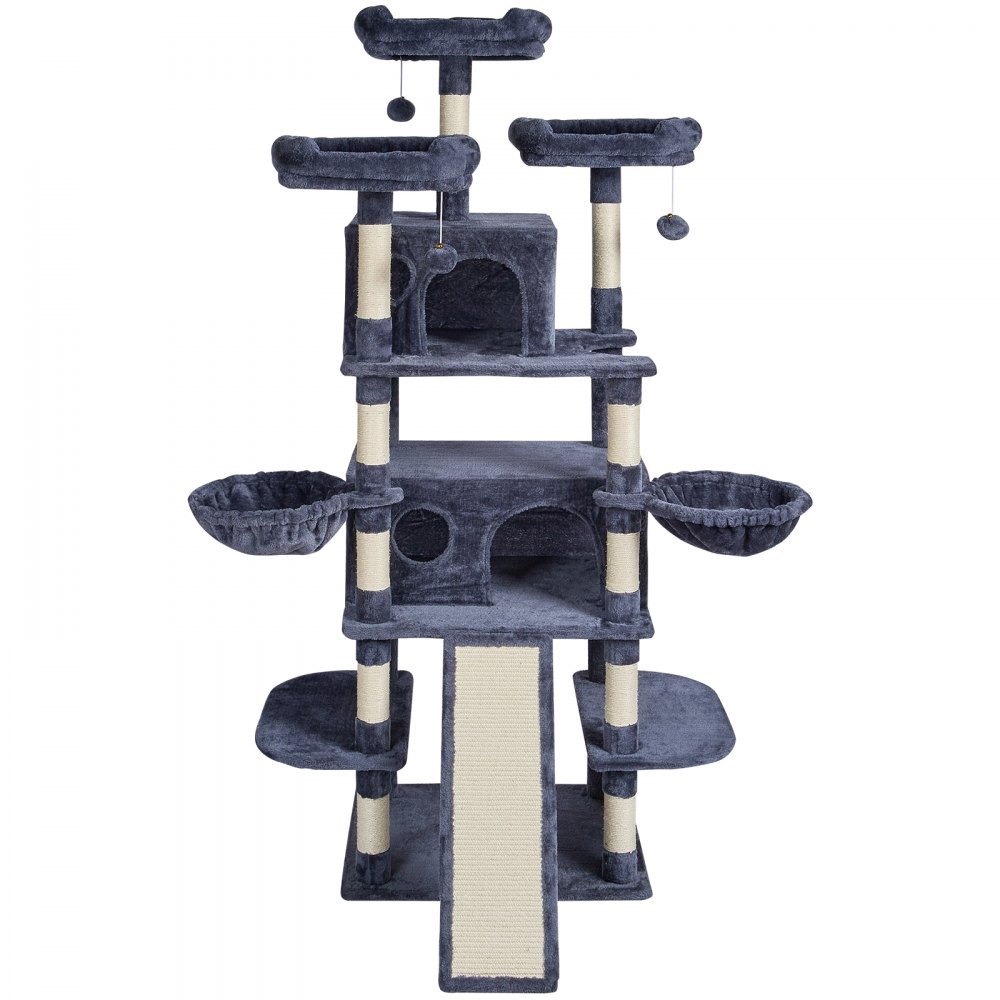 Árbol para gatos de interior VEVOR, torre de 173 cm con 2 compartimentos, poste rascador de sisal, hamacas, perchas superiores, plataformas de salto y rampa, centro de actividades con pelotas colgantes, gris oscuro