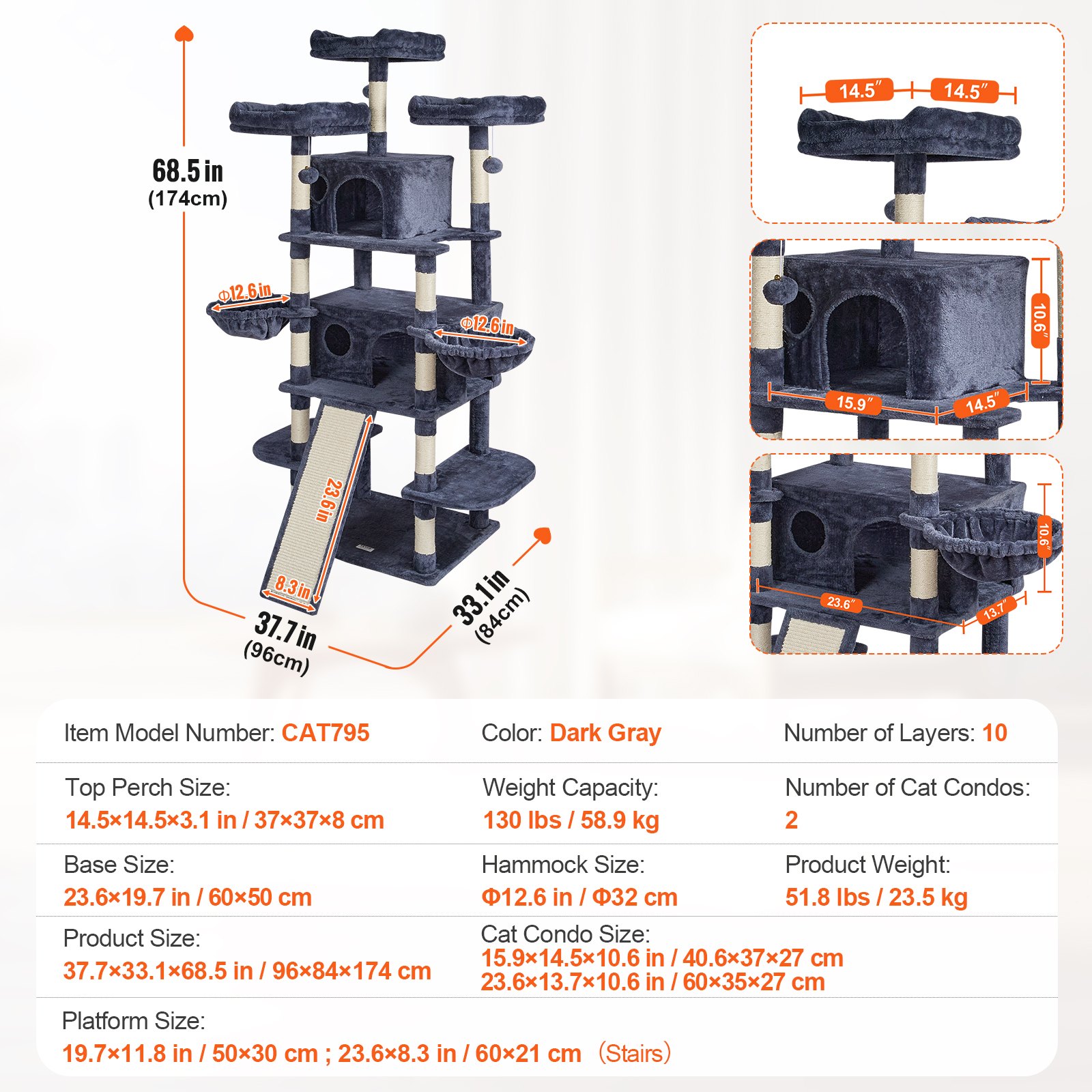 Árbol para gatos de interior VEVOR, torre de 173 cm con 2 compartimentos, poste rascador de sisal, hamacas, perchas superiores, plataformas de salto y rampa, centro de actividades con pelotas colgantes, gris oscuro