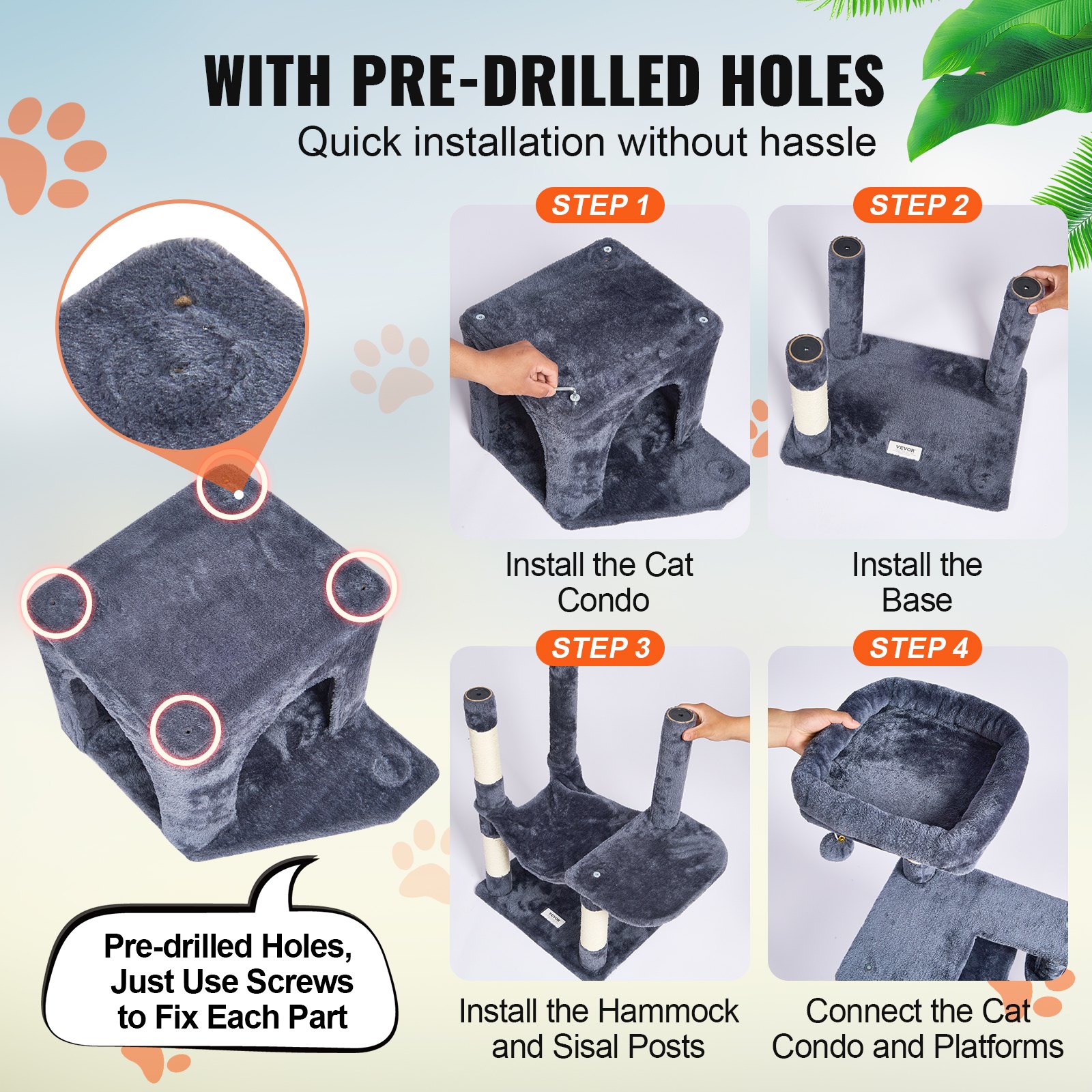 Árbol para gatos VEVOR para interiores, torre de 153 cm con condominio, poste rascador de sisal, hamaca, percha superior, plataformas de salto, centro de actividades grande con bola colgante, gris oscuro