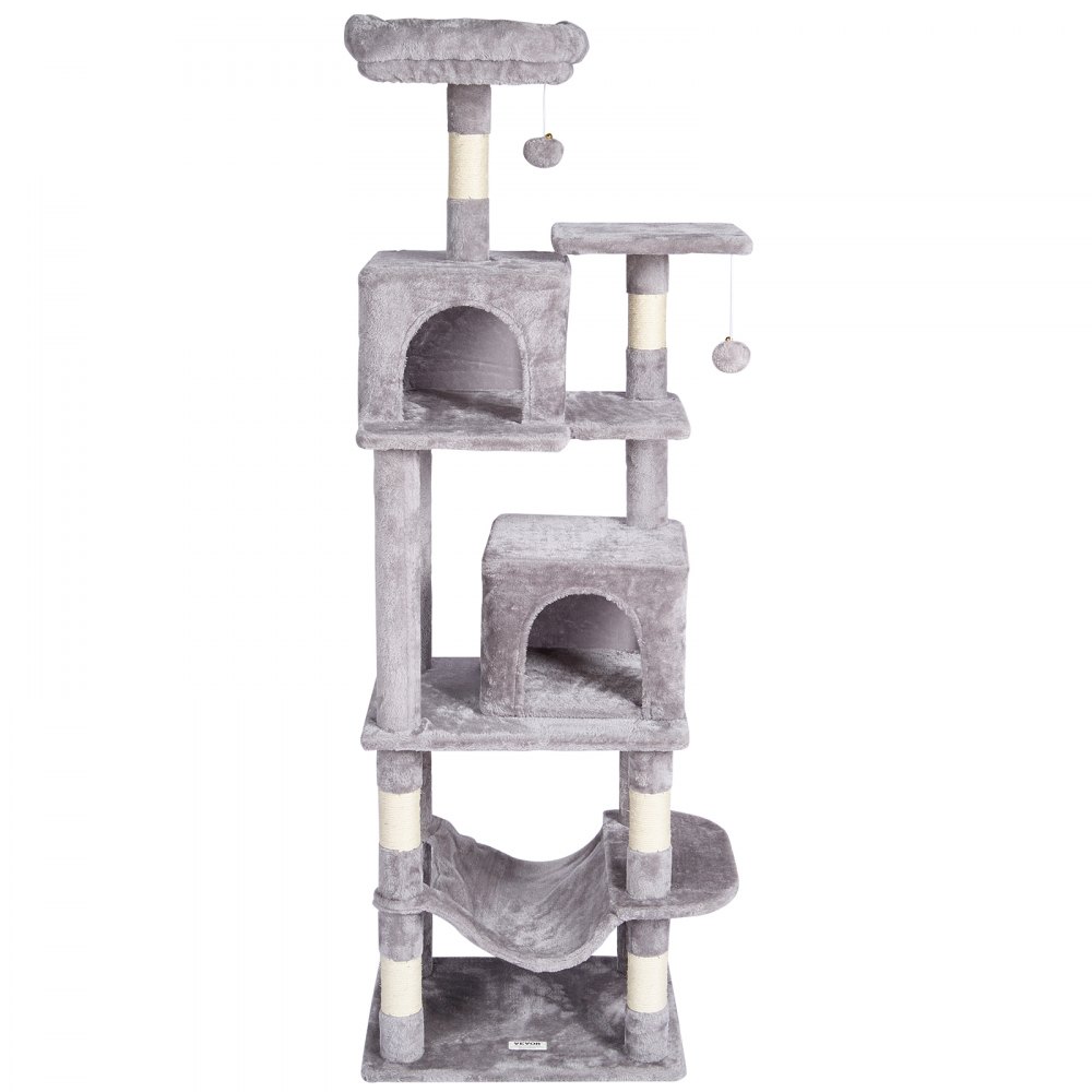 Árbol para gatos VEVOR para interiores, torre de 160 cm con 2 compartimentos, poste rascador de sisal, hamaca, percha superior, plataformas de salto, centro de actividades grande con bola colgante, gris claro