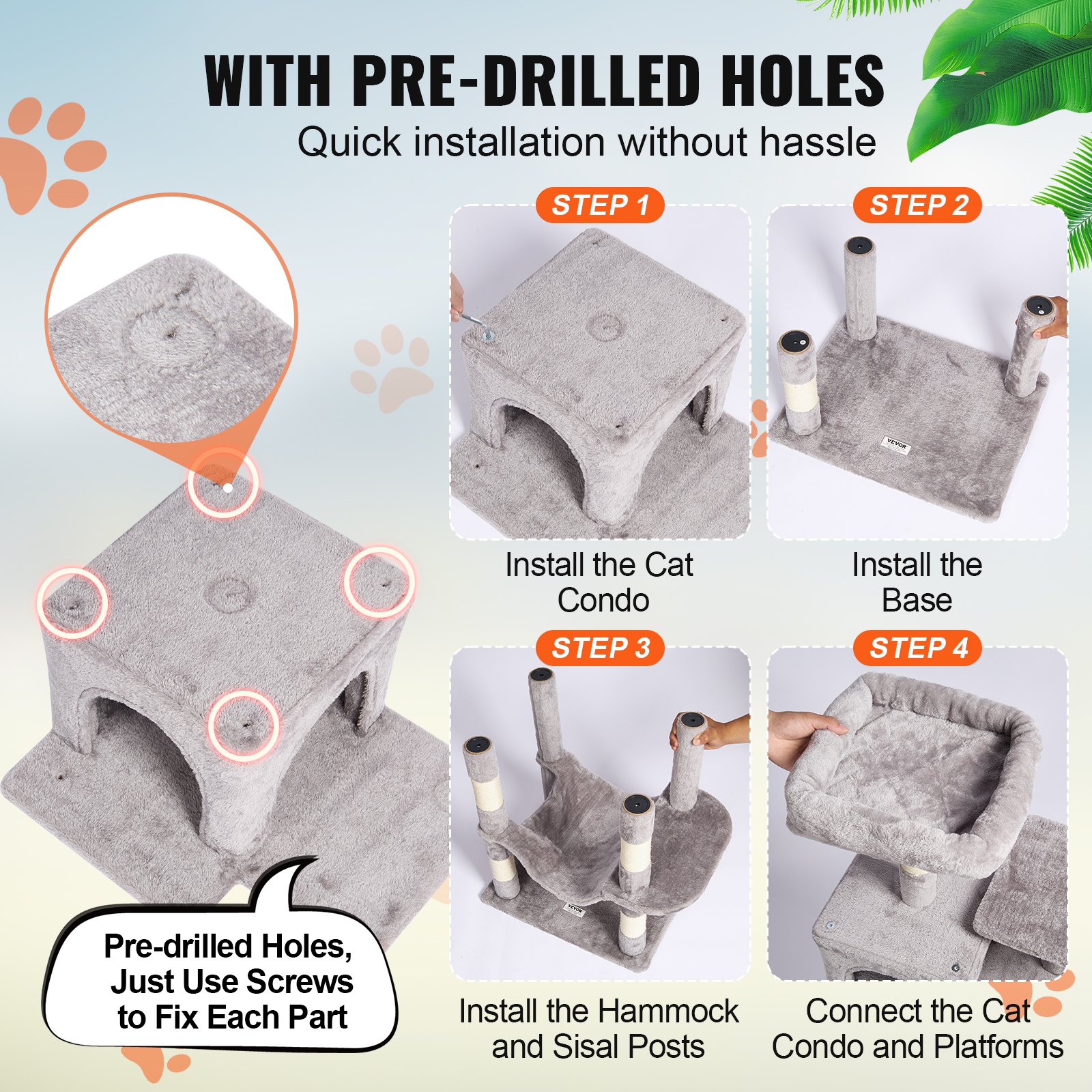 Árbol para gatos VEVOR para interiores, torre de 160 cm con 2 compartimentos, poste rascador de sisal, hamaca, percha superior, plataformas de salto, centro de actividades grande con bola colgante, gris claro