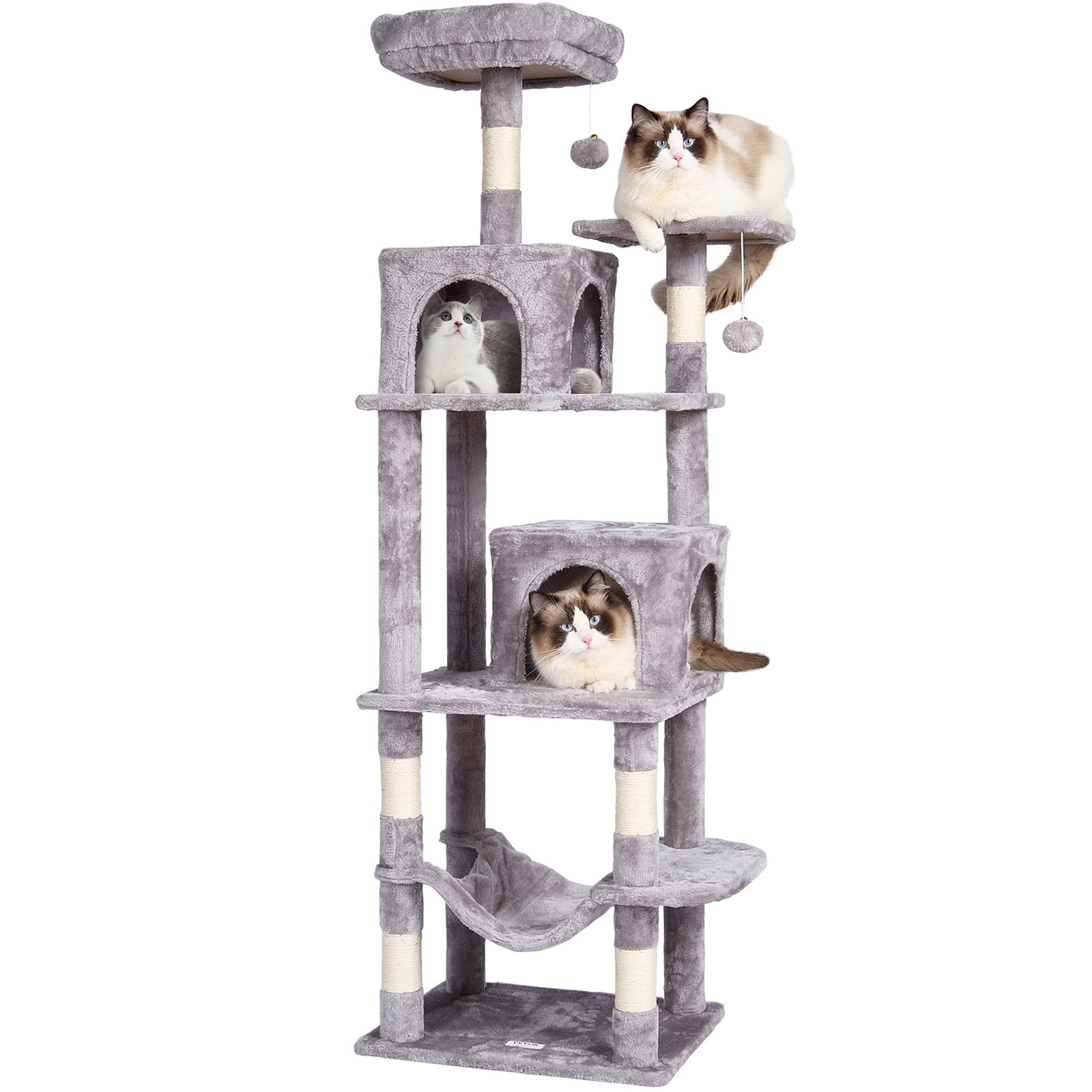 Árbol para gatos VEVOR para interiores, torre de 160 cm con 2 compartimentos, poste rascador de sisal, hamaca, percha superior, plataformas de salto, centro de actividades grande con bola colgante, gris claro