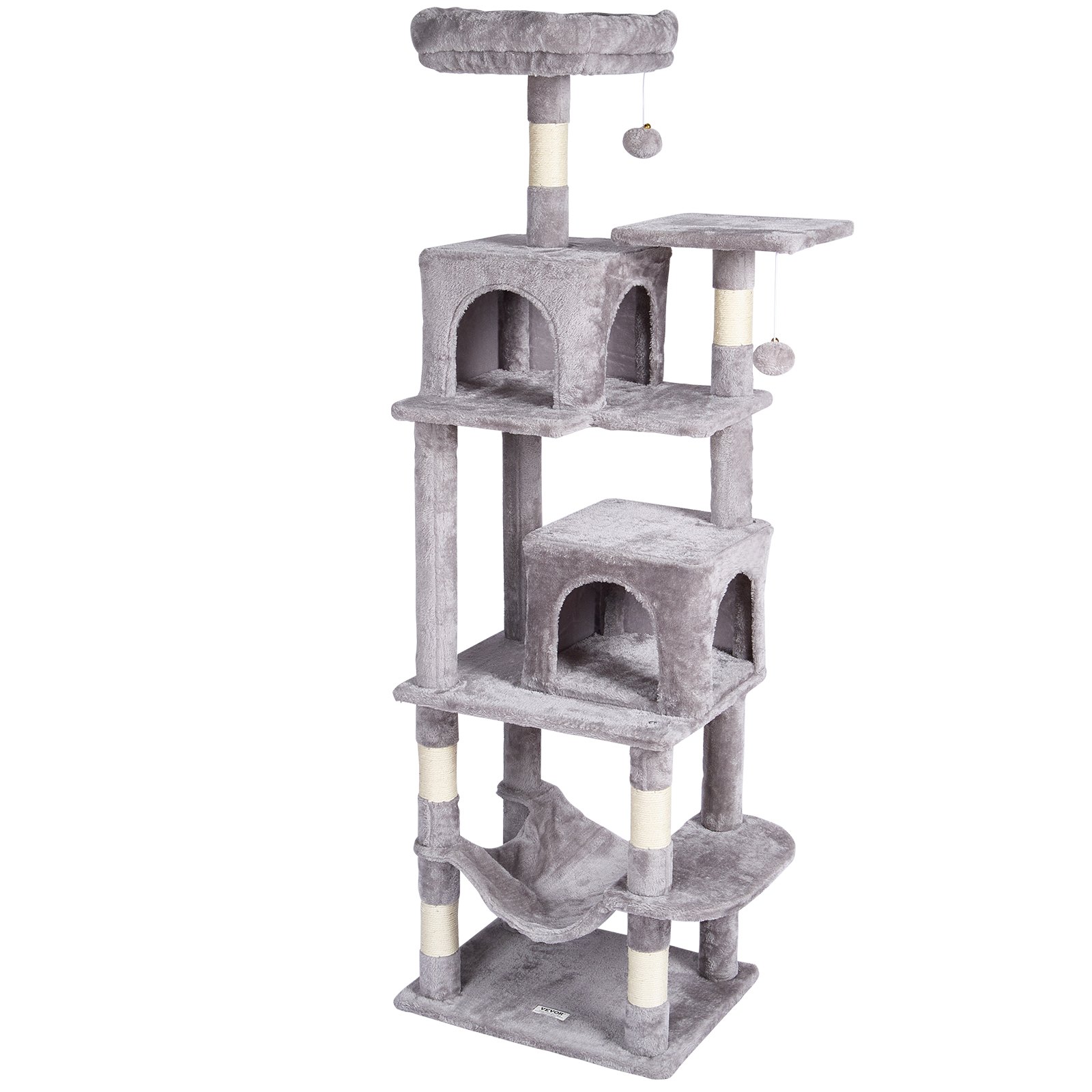 Árbol para gatos VEVOR para interiores, torre de 160 cm con 2 compartimentos, poste rascador de sisal, hamaca, percha superior, plataformas de salto, centro de actividades grande con bola colgante, gris claro