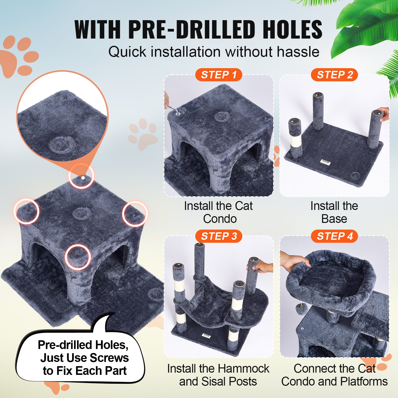 Árbol para gatos VEVOR para interiores, torre de 160 cm con 2 compartimentos, poste rascador de sisal, hamaca, percha superior, plataformas de salto, centro de actividades grande con bola colgante, gris oscuro