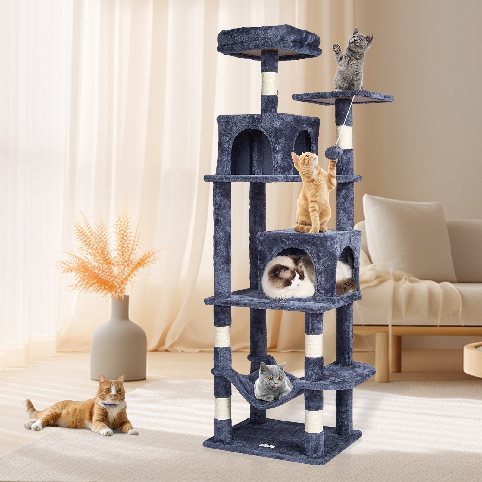 Árbol para gatos VEVOR para interiores, torre de 160 cm con 2 compartimentos, poste rascador de sisal, hamaca, percha superior, plataformas de salto, centro de actividades grande con bola colgante, gris oscuro