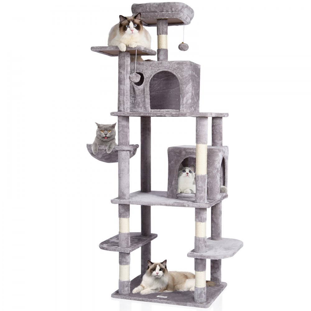 Árbol para gatos VEVOR para interiores, torre de 173 cm con 2 compartimentos, poste rascador de sisal, hamaca, percha superior, plataformas de salto, centro de actividades grande con bola colgante, gris claro