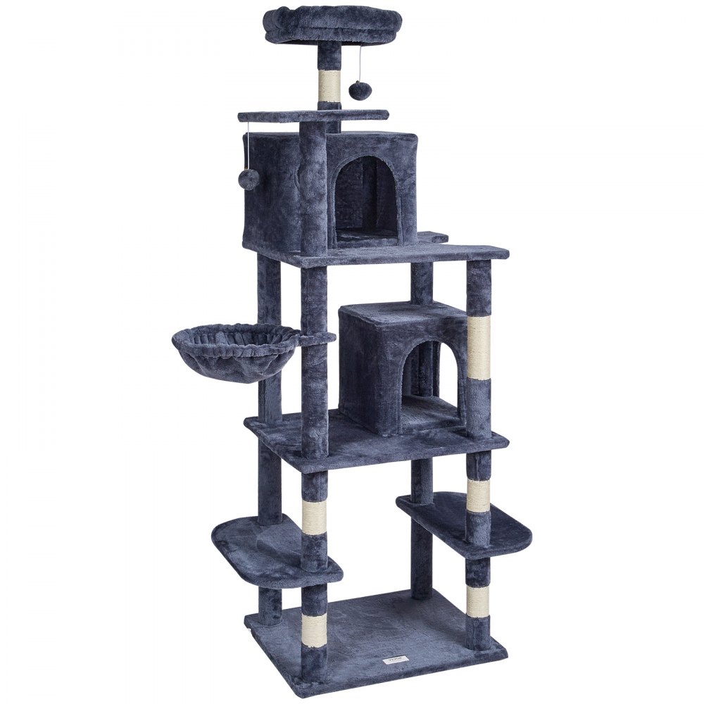 Árbol para gatos VEVOR para interiores, torre de 173 cm con 2 compartimentos, poste rascador de sisal, hamaca, percha superior, plataformas de salto, centro de actividades grande con bola colgante, gris oscuro