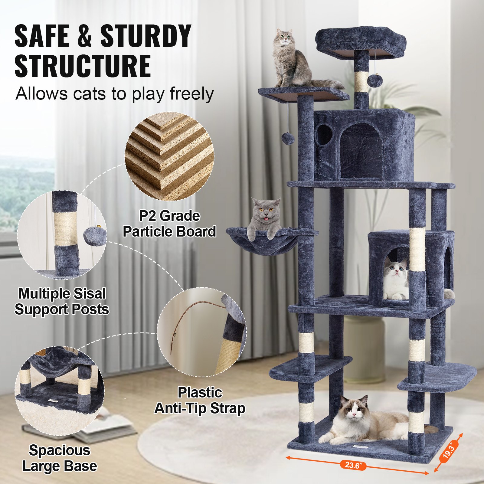 Árbol para gatos VEVOR para interiores, torre de 173 cm con 2 compartimentos, poste rascador de sisal, hamaca, percha superior, plataformas de salto, centro de actividades grande con bola colgante, gris oscuro