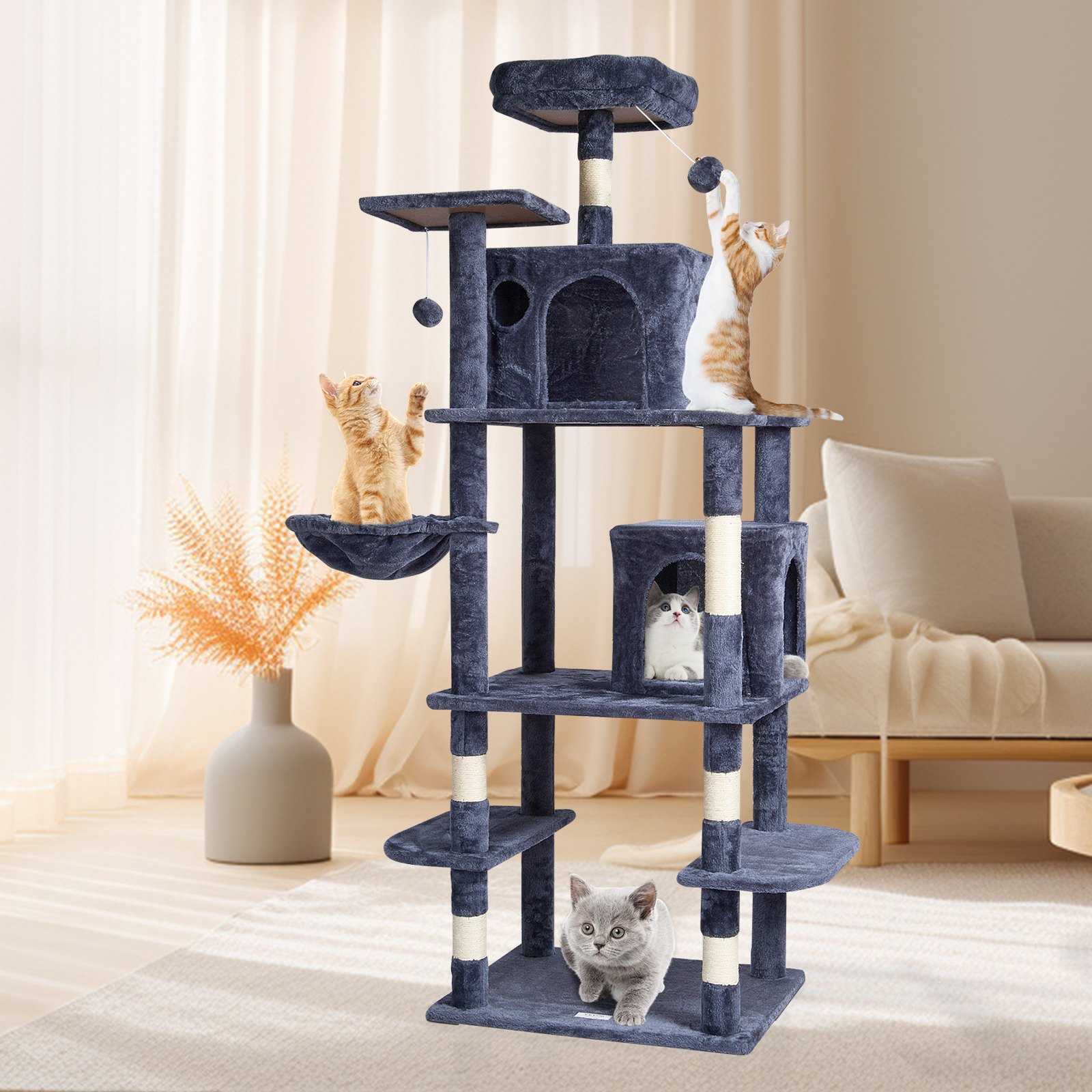 Árbol para gatos VEVOR para interiores, torre de 173 cm con 2 compartimentos, poste rascador de sisal, hamaca, percha superior, plataformas de salto, centro de actividades grande con bola colgante, gris oscuro