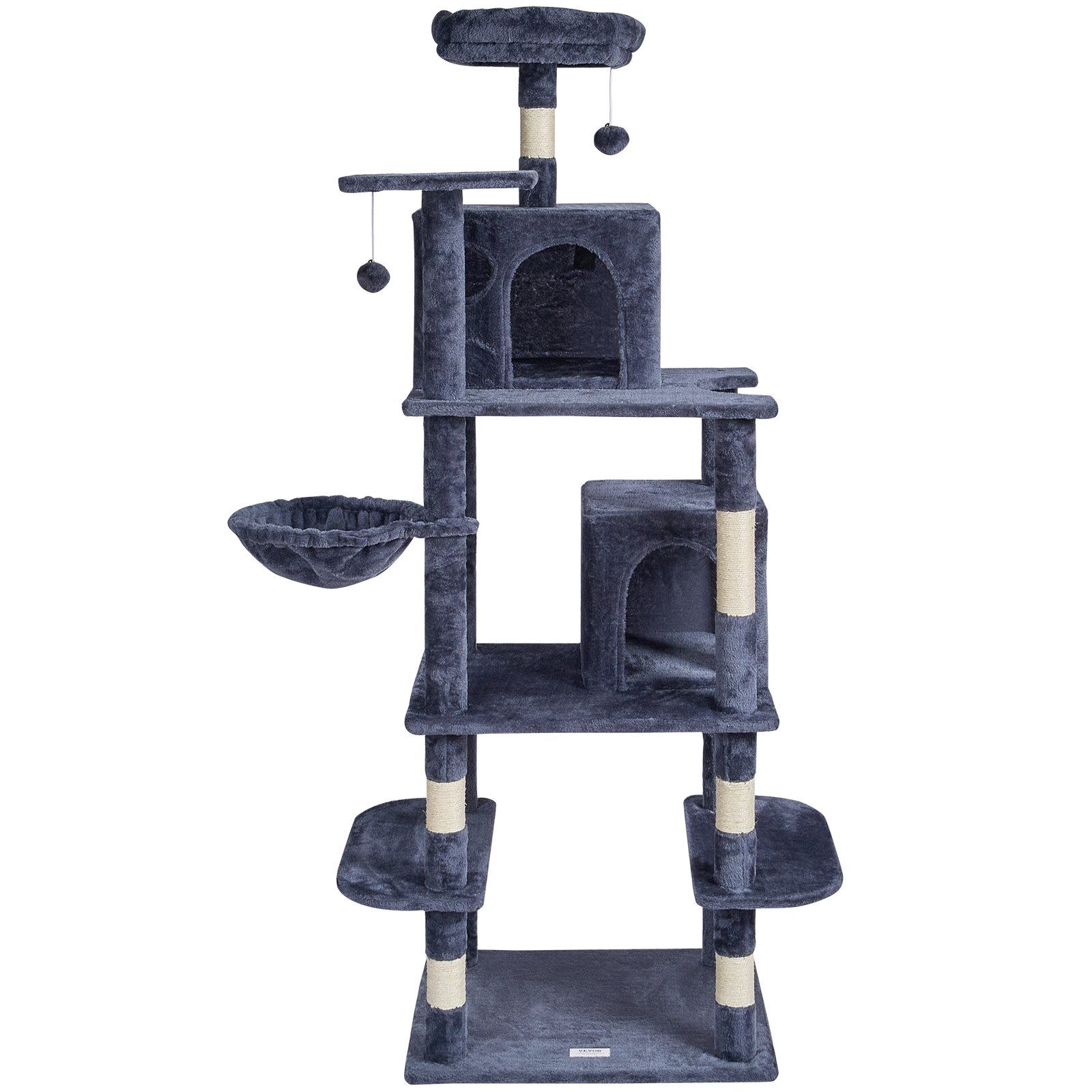 Árbol para gatos VEVOR para interiores, torre de 173 cm con 2 compartimentos, poste rascador de sisal, hamaca, percha superior, plataformas de salto, centro de actividades grande con bola colgante, gris oscuro