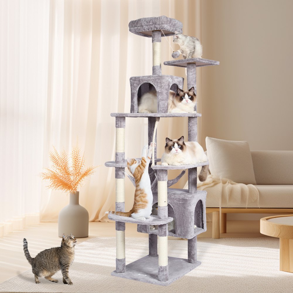 Árbol para gatos VEVOR para interiores, torre de 183 cm con 2 compartimentos, poste rascador de sisal, hamaca, percha superior, plataformas de salto, centro de actividades grande con bola colgante, gris claro