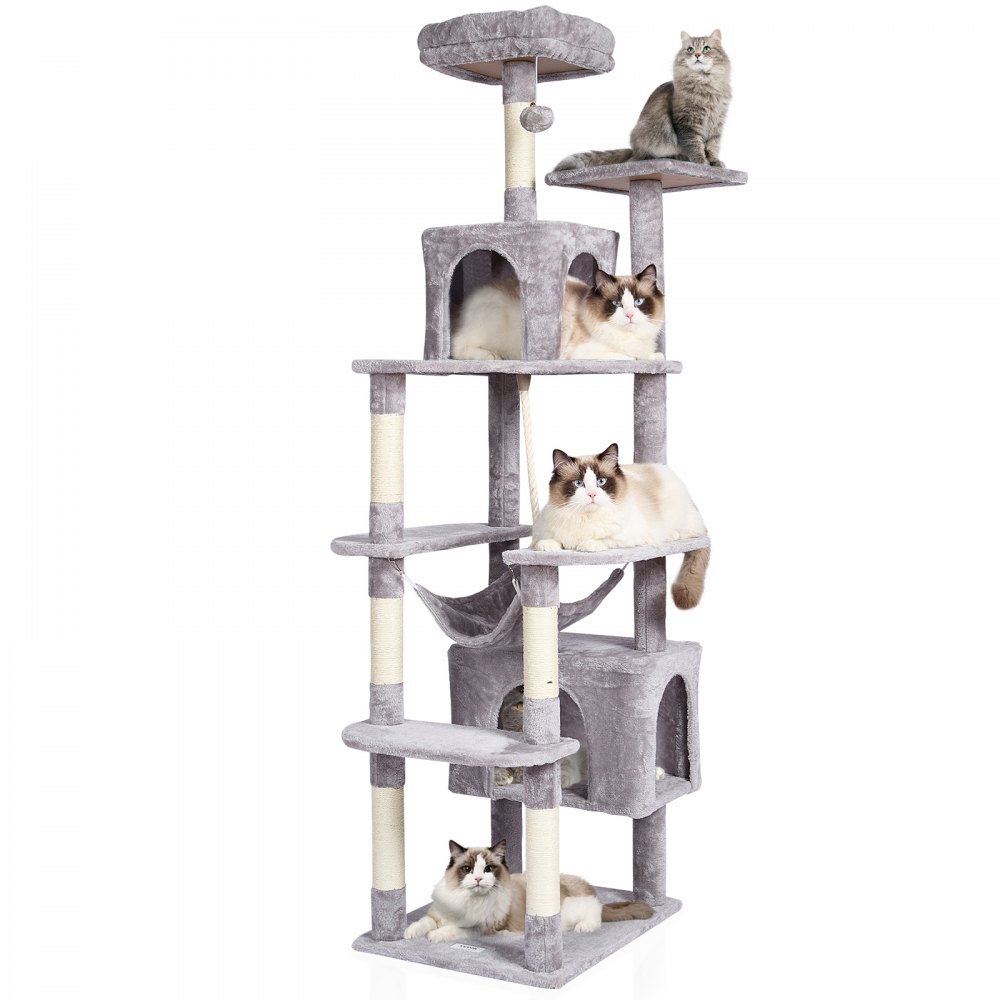 Árbol para gatos VEVOR para interiores, torre de 183 cm con 2 compartimentos, poste rascador de sisal, hamaca, percha superior, plataformas de salto, centro de actividades grande con bola colgante, gris claro
