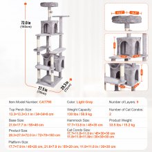 VEVOR Árbol para gatos Torre para gatos de 72" con 2 condominios para gatos Poste rascador de sisal Gris claro