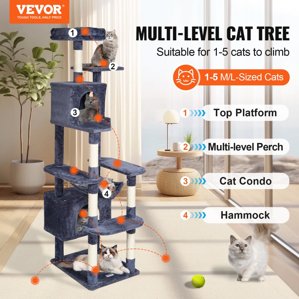 Árbol para gatos VEVOR para interiores, torre de 183 cm con 2 compartimentos, poste rascador de sisal, hamaca, percha superior, plataformas de salto, centro de actividades grande con bola colgante, gris oscuro