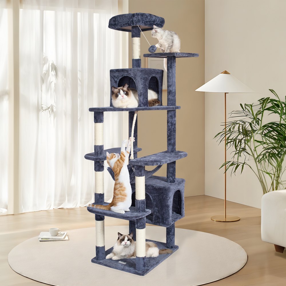 Árbol para gatos VEVOR para interiores, torre de 183 cm con 2 compartimentos, poste rascador de sisal, hamaca, percha superior, plataformas de salto, centro de actividades grande con bola colgante, gris oscuro