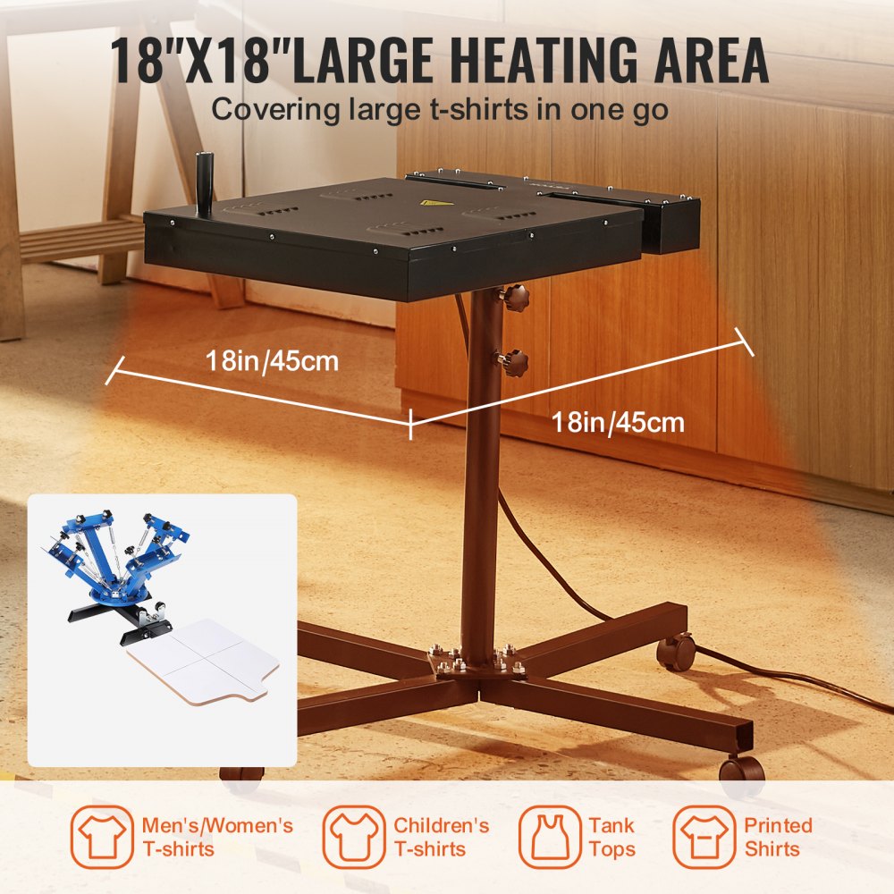 Secadora flash VEVOR Pro de 18x18 pulgadas, con caja de control eléctrico mejorada de 2000 W para máquinas de serigrafía, soporte ajustable en altura, rotación de 360°, base en forma de X y máquina de curado de camisetas de acero.