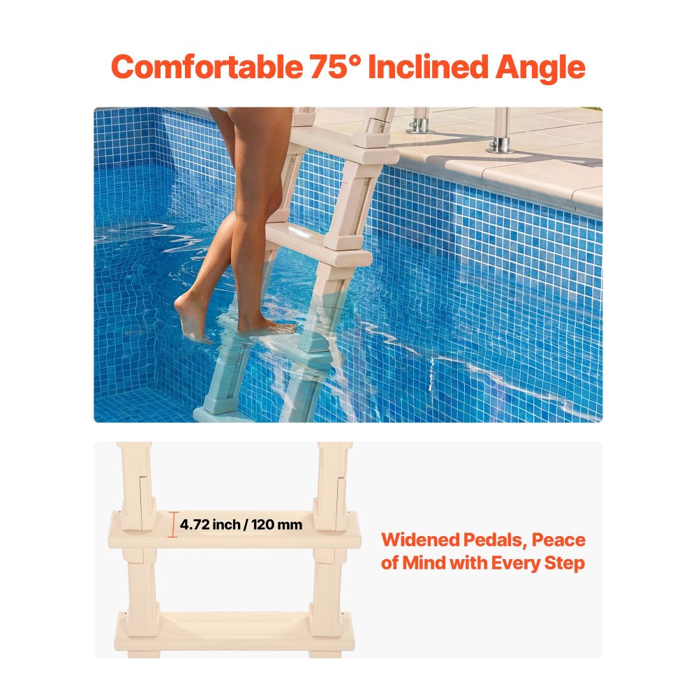 VEVOR Escalera para Piscina de 5 Peldaños Anchos Hasta 136kg, Escalera de Seguridad de PE en Ángulo de 75° Antideslizante con Pasamanos Ergonómicos para Piscinas Elevadas y Enterradas de 121,9-137,2cm