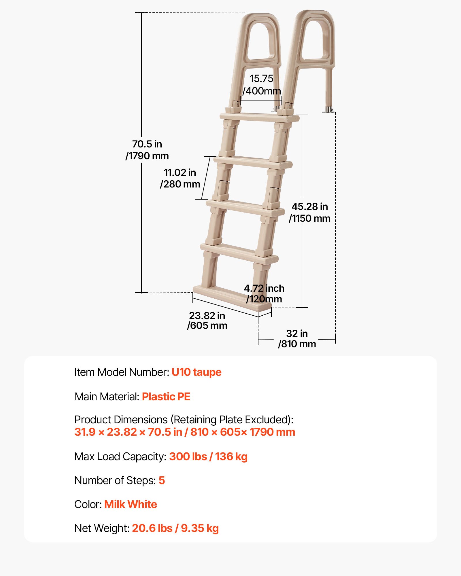 VEVOR Escalera para Piscina de 5 Peldaños Anchos Hasta 136kg, Escalera de Seguridad de PE en Ángulo de 75° Antideslizante con Pasamanos Ergonómicos para Piscinas Elevadas y Enterradas de 121,9-137,2cm