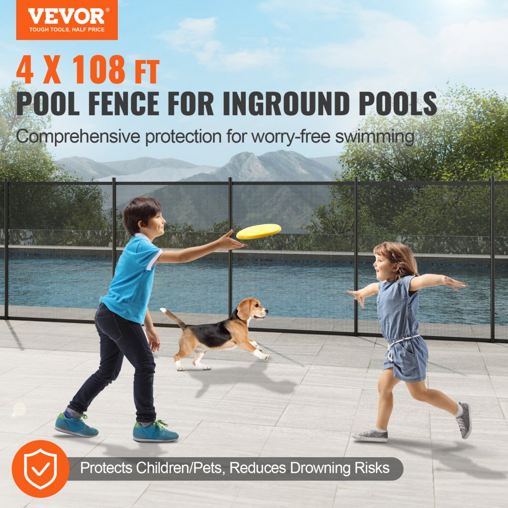 Valla de piscina VEVOR, 4 x 108 pies para piscinas enterradas, valla de seguridad infantil extraíble, fácil de instalar, malla de PVC Teslin de 340 g para proteger a niños y mascotas.