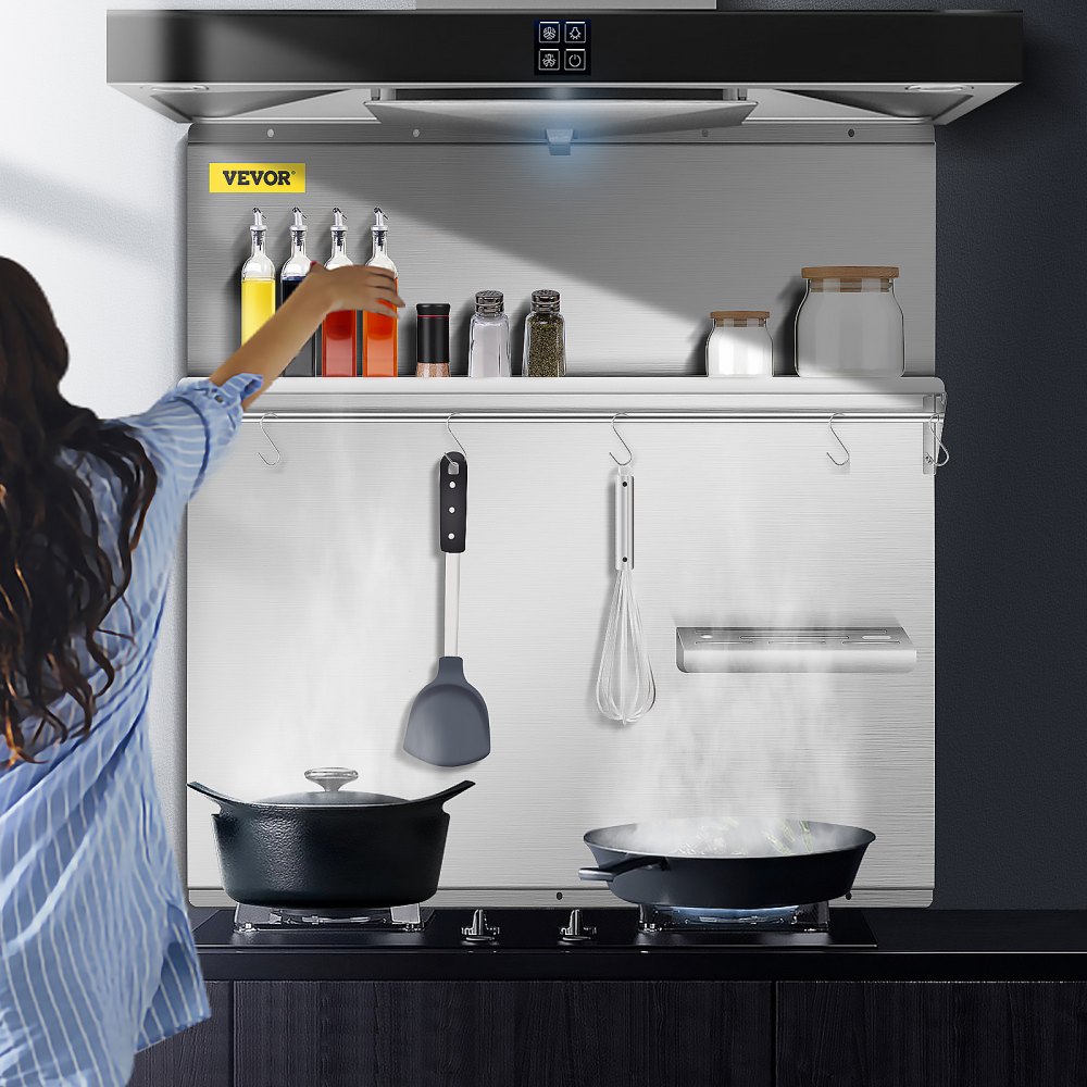 VEVOR Range Backsplash con estante 29.5 x 29.5 pulgadas Range Hood Wall Shield, acero inoxidable Backsplash Silver Splash Plate para Range Hood Acero inoxidable Backsplash con estante de almacenamiento y estante colgante