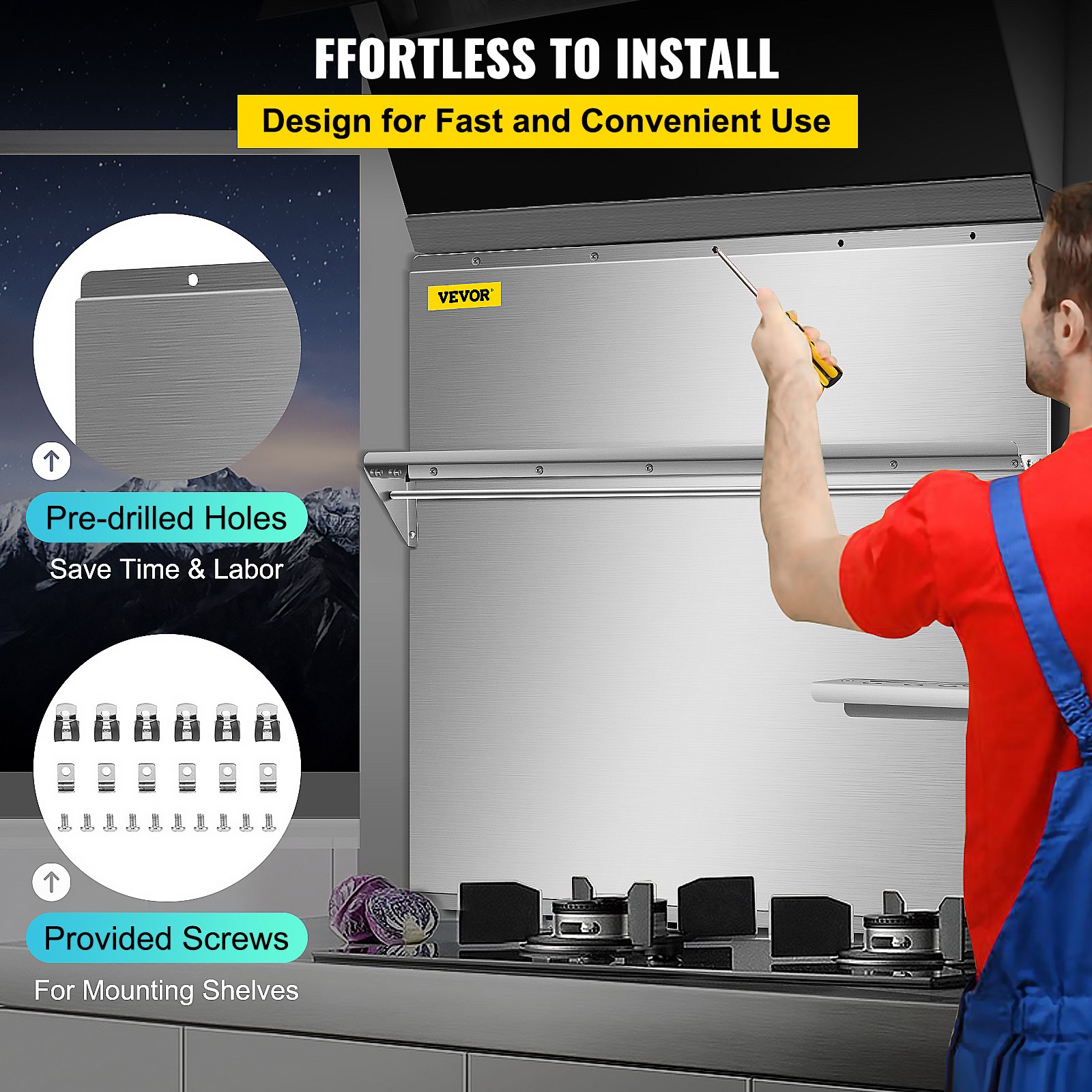 VEVOR Range Backsplash con estante 29.5 x 29.5 pulgadas Range Hood Wall Shield, acero inoxidable Backsplash Silver Splash Plate para Range Hood Acero inoxidable Backsplash con estante de almacenamiento y estante colgante