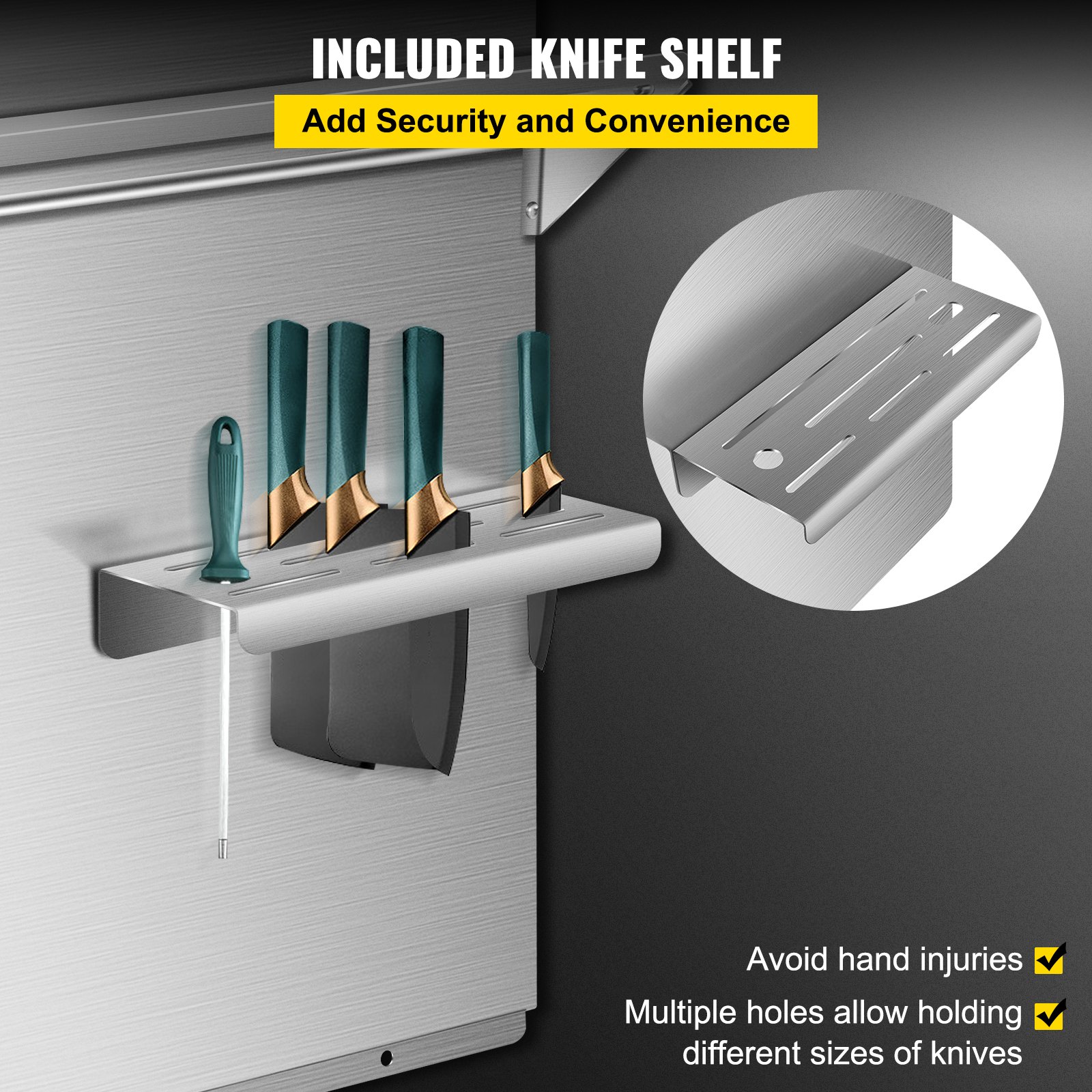 Estante para cuchillos incluido en el protector contra salpicaduras de la gama VEVOR, con múltiples ranuras para guardar cuchillos.