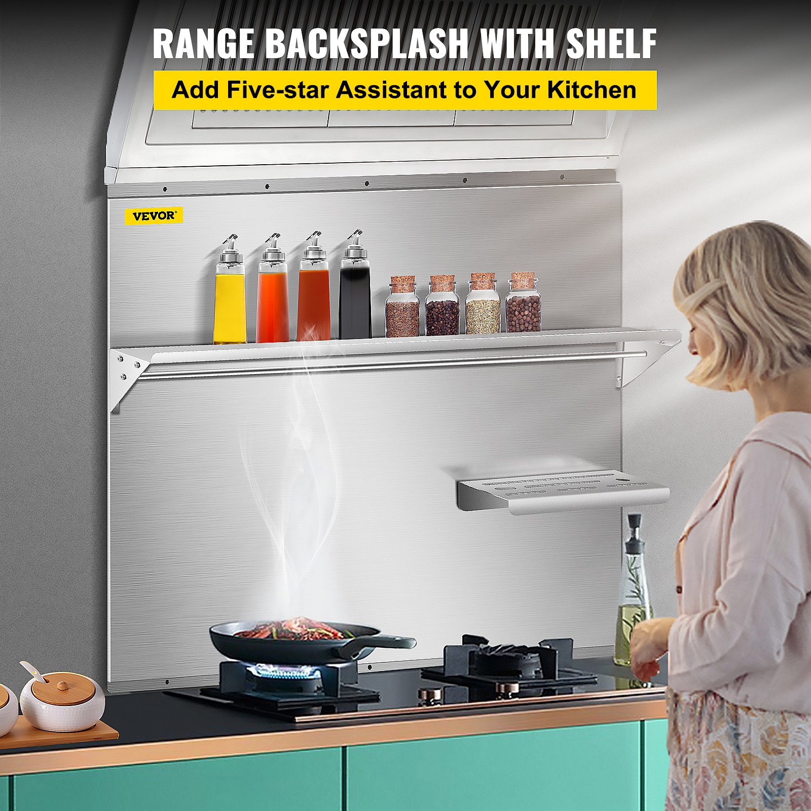 Salpicadero de la gama VEVOR con estante encima de una moderna estufa de cocina con especias y condimentos.