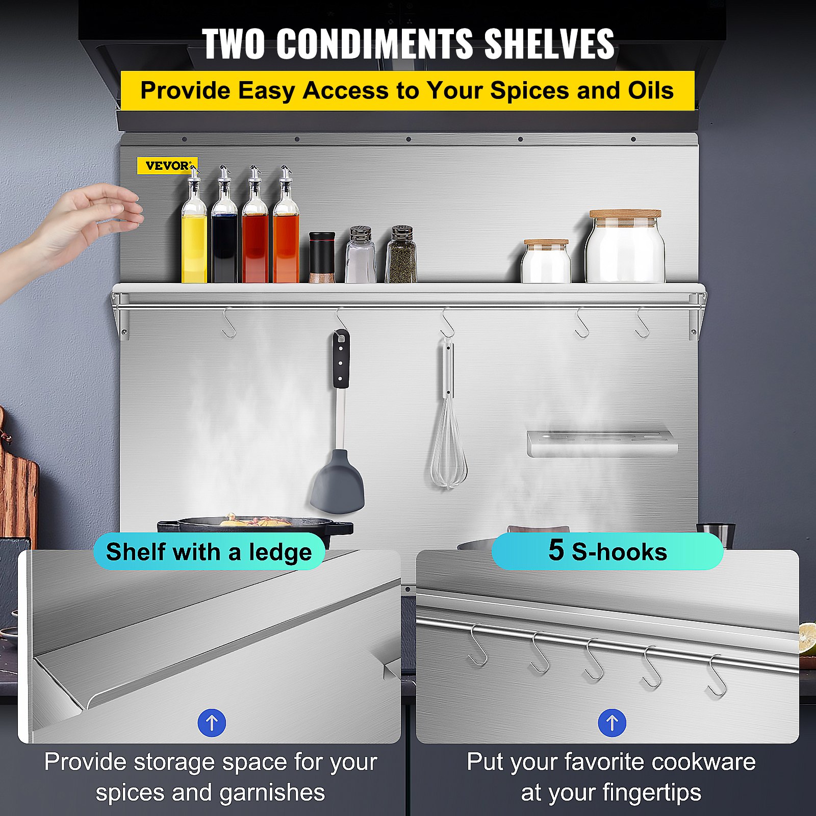 Salpicadero de la gama VEVOR con estantes para condimentos y ganchos en forma de S para un almacenamiento organizado en la cocina.