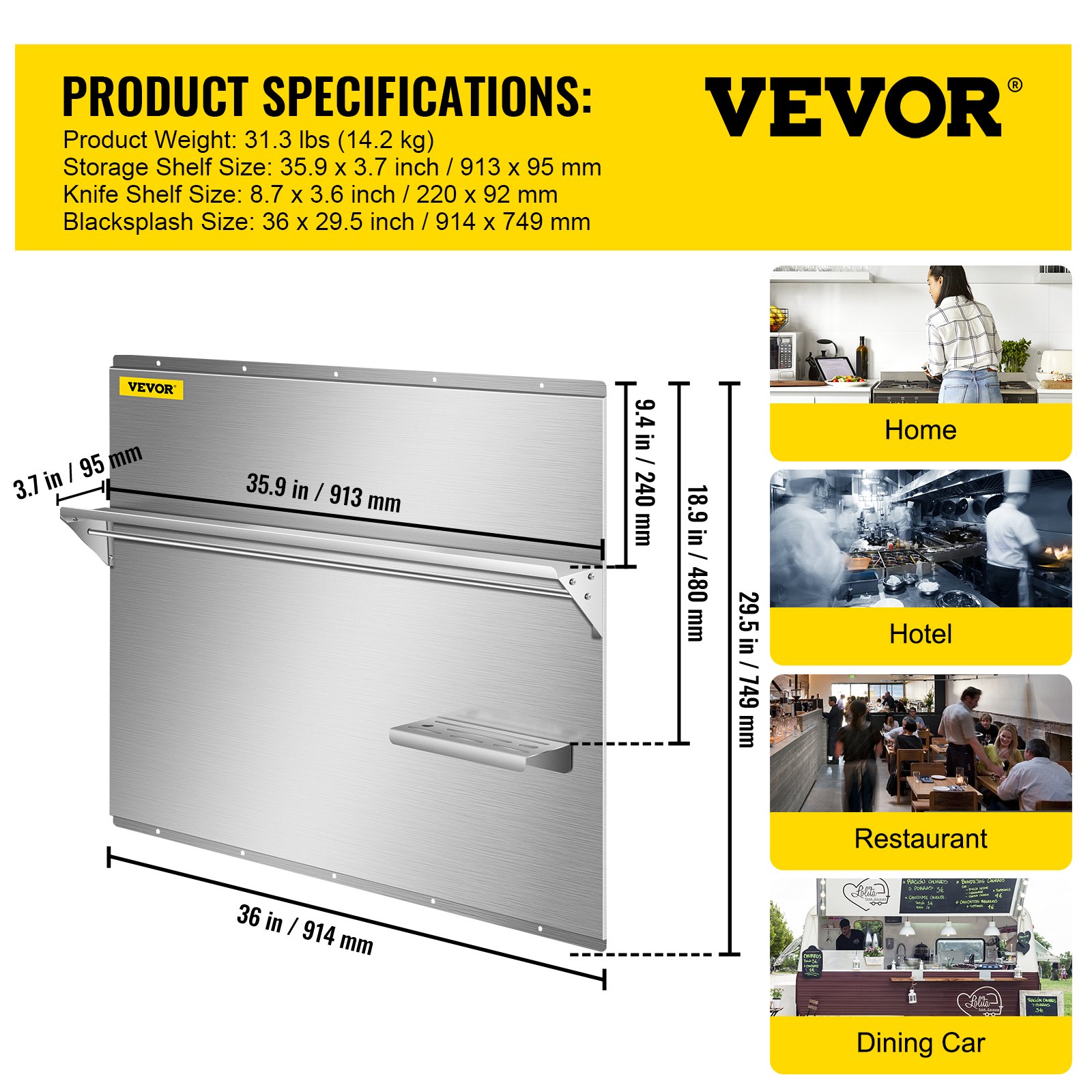 Especificaciones del producto de protección contra salpicaduras de la gama VEVOR con dimensiones de estantes para cuchillos y almacenamiento.