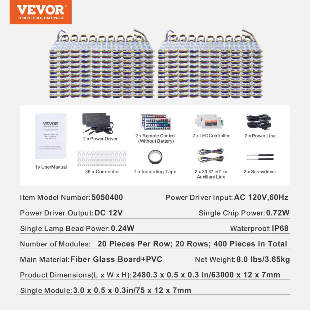 VEVOR 400 luces LED para escaparates, 63 m (207 pies), módulos LED, 5050 SMD, 3 LED RGB, luces para ventanas con cambio de color, control remoto, ideales para letreros publicitarios en escaparates, resistentes al agua IP68.