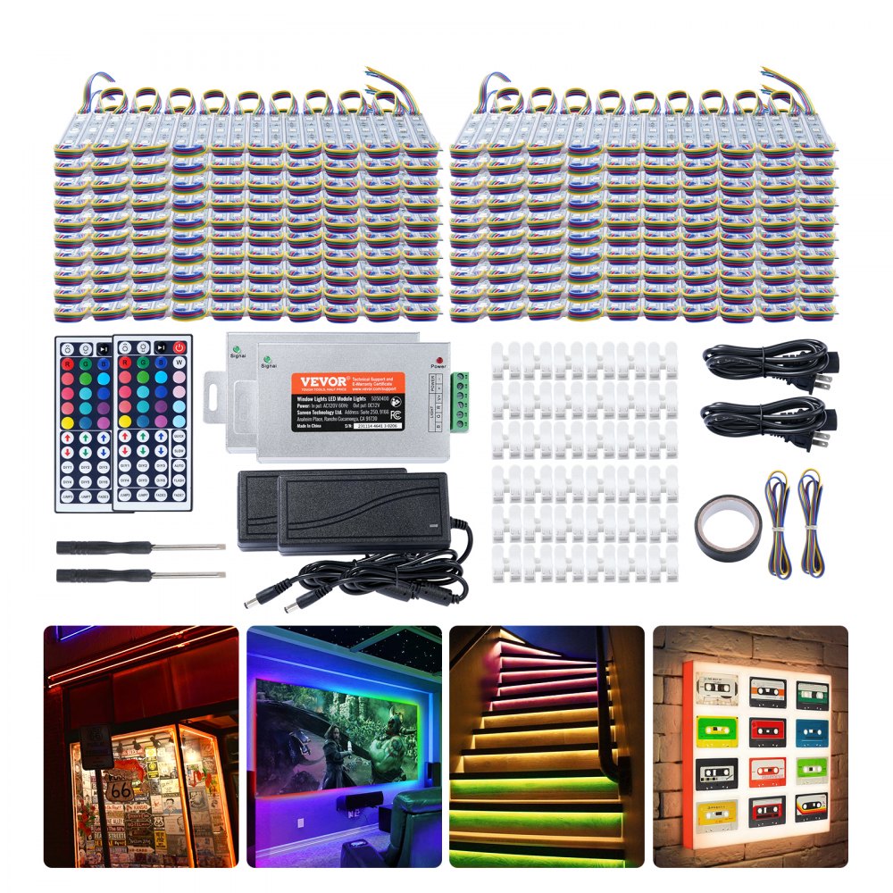 VEVOR 400 luces LED para escaparates, 63 m (207 pies), módulos LED, 5050 SMD, 3 LED RGB, luces para ventanas con cambio de color, control remoto, ideales para letreros publicitarios en escaparates, resistentes al agua IP68.