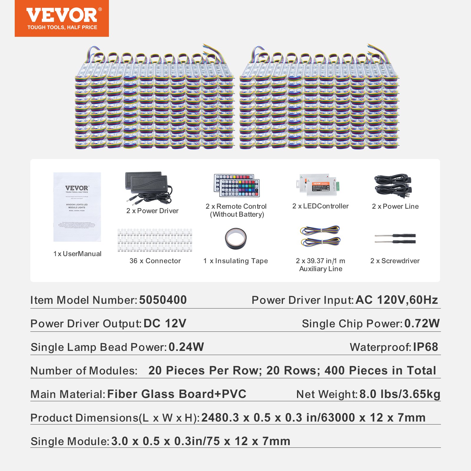 VEVOR 400 luces LED para escaparates, 63 m (207 pies), módulos LED, 5050 SMD, 3 LED RGB, luces para ventanas con cambio de color, control remoto, ideales para letreros publicitarios en escaparates, resistentes al agua IP68.