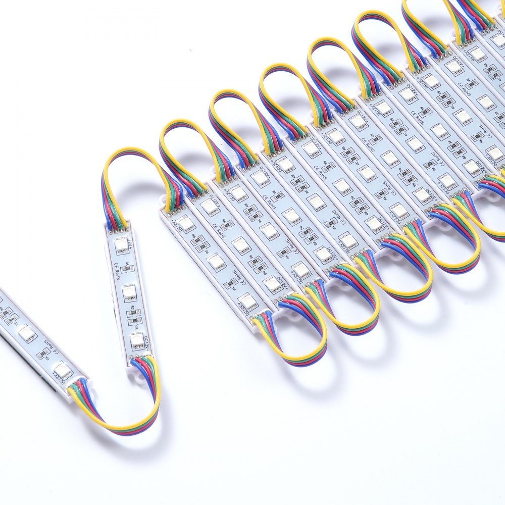 Luces LED para escaparates VEVOR con cableado multicolor, dispuestas en filas sobre un fondo blanco.