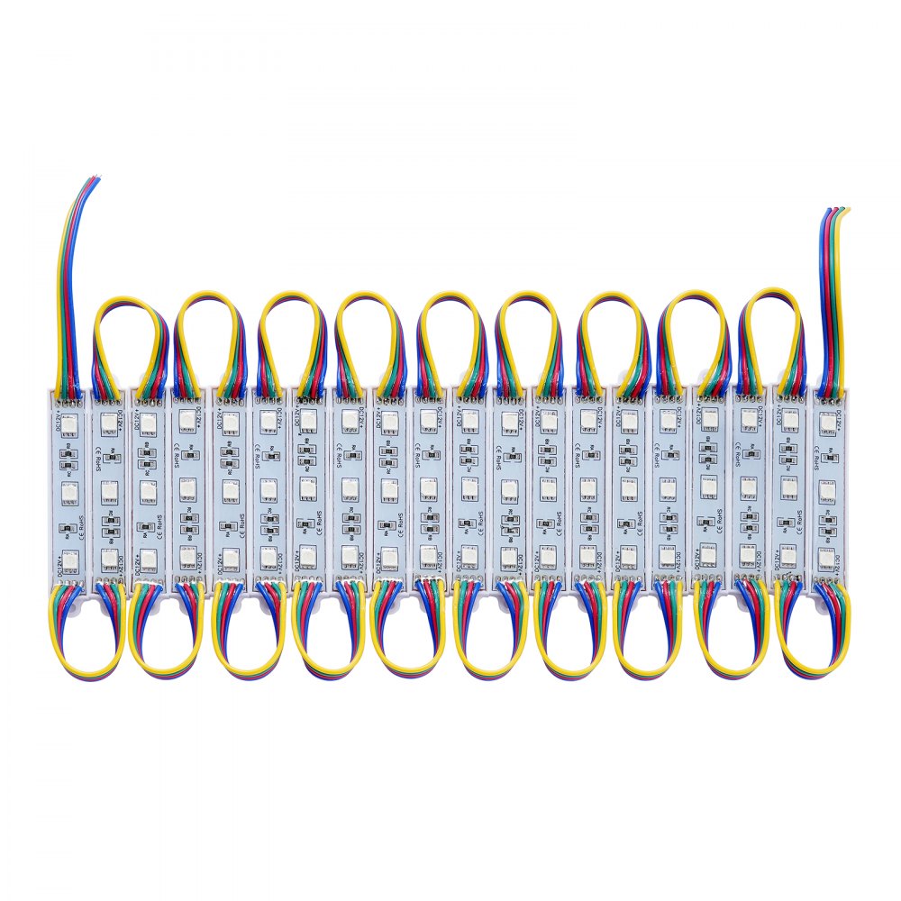 Luces LED para escaparates VEVOR dispuestas en una cuadrícula con cables de colores.