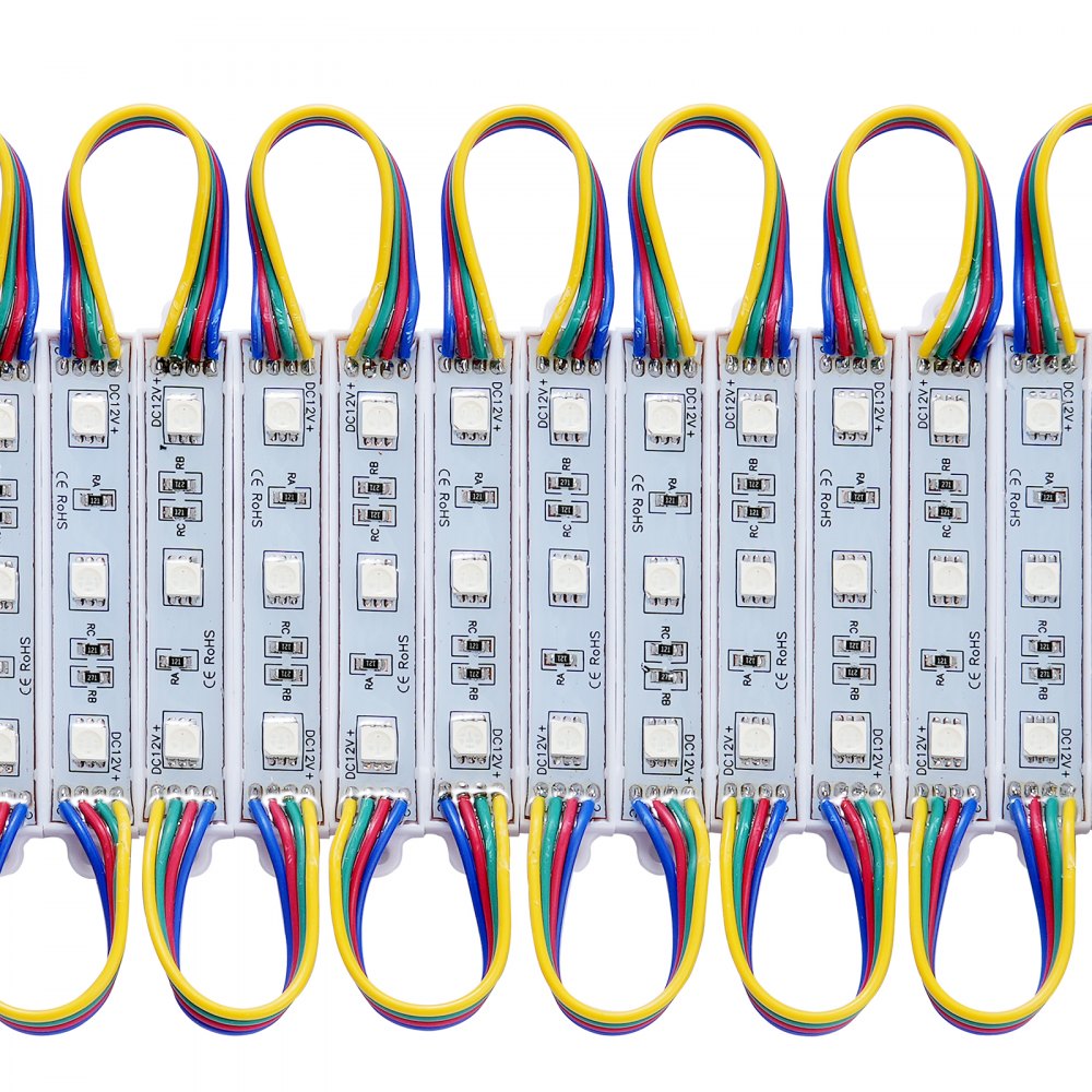 Luces de escaparate LED VEVOR con cableado multicolor y módulos LED rectangulares alineados en filas.