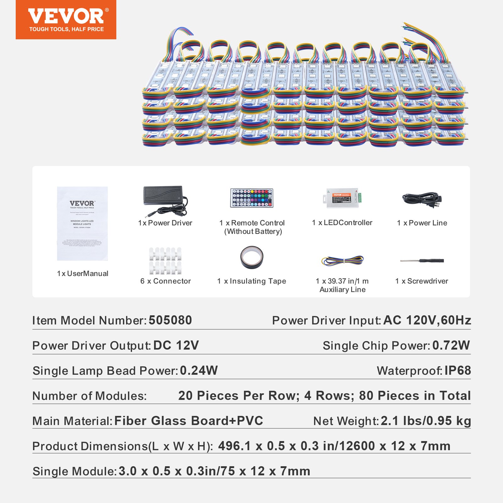 Luces LED para escaparates VEVOR con controlador de potencia, control remoto, conectores y manual de usuario.