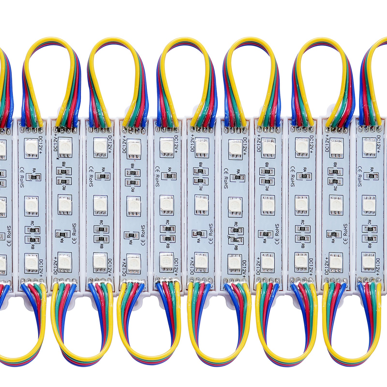 Luces de escaparate LED VEVOR con cableado multicolor y módulos LED rectangulares alineados en filas.