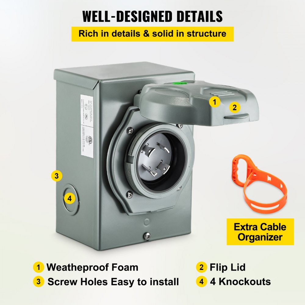 Caja de entrada de generador VEVOR, caja de alimentación de 30 amperios, caja de entrada de alimentación L14-30P, caja de entrada de alimentación de 4 clavijas 30 A, caja de entrada de alimentación del generador de 120/250 V, caja de generador de 7500 W, cajas de entrada con certificación ETL de 10 AWG para uso en exteriores