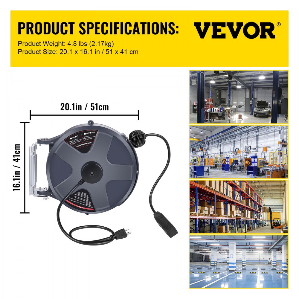 Carrete de cable de extensión retráctil VEVOR con dimensiones y escenas de uso en una fábrica.