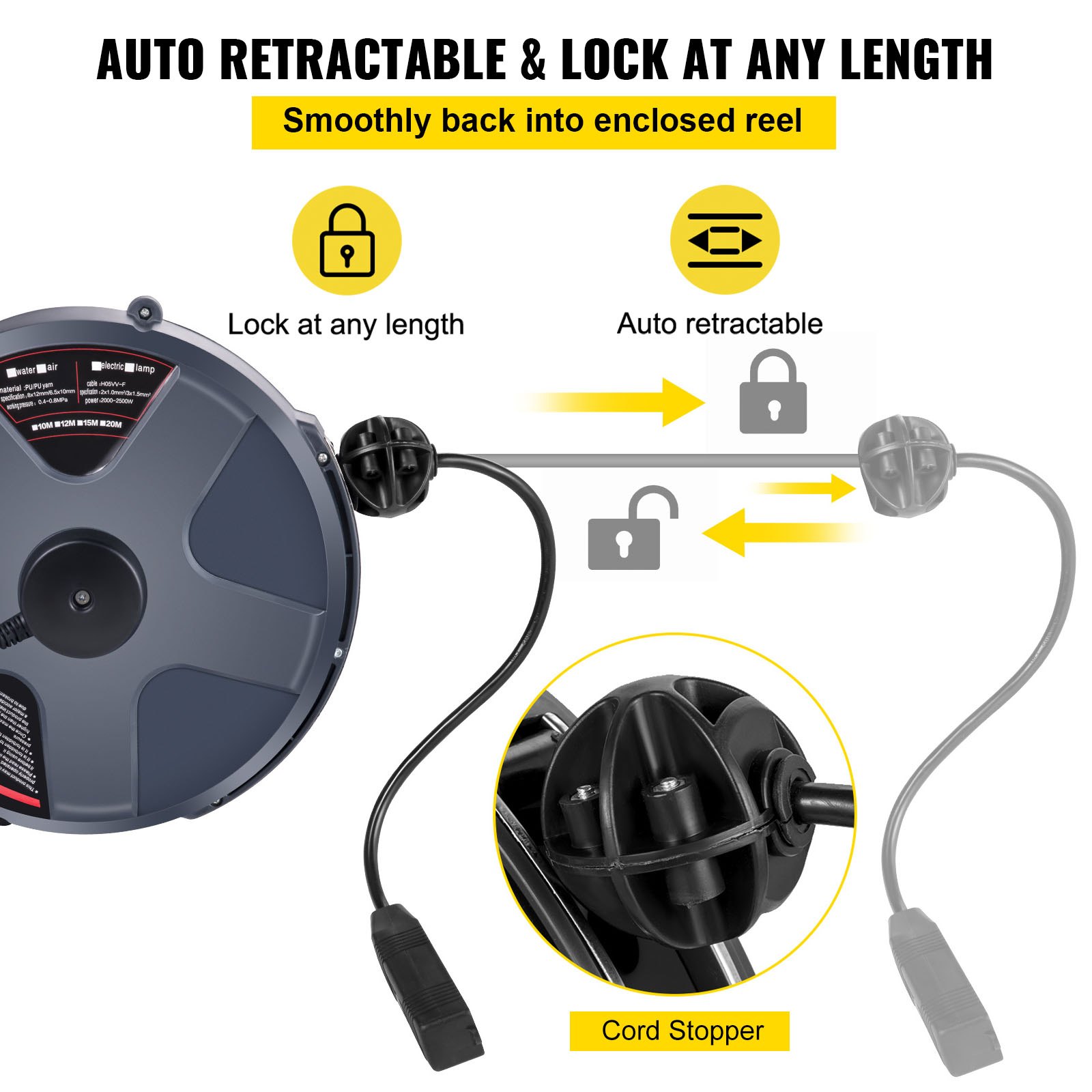Carrete de cable de extensión retráctil VEVOR con bloqueo automático y retracción suave.