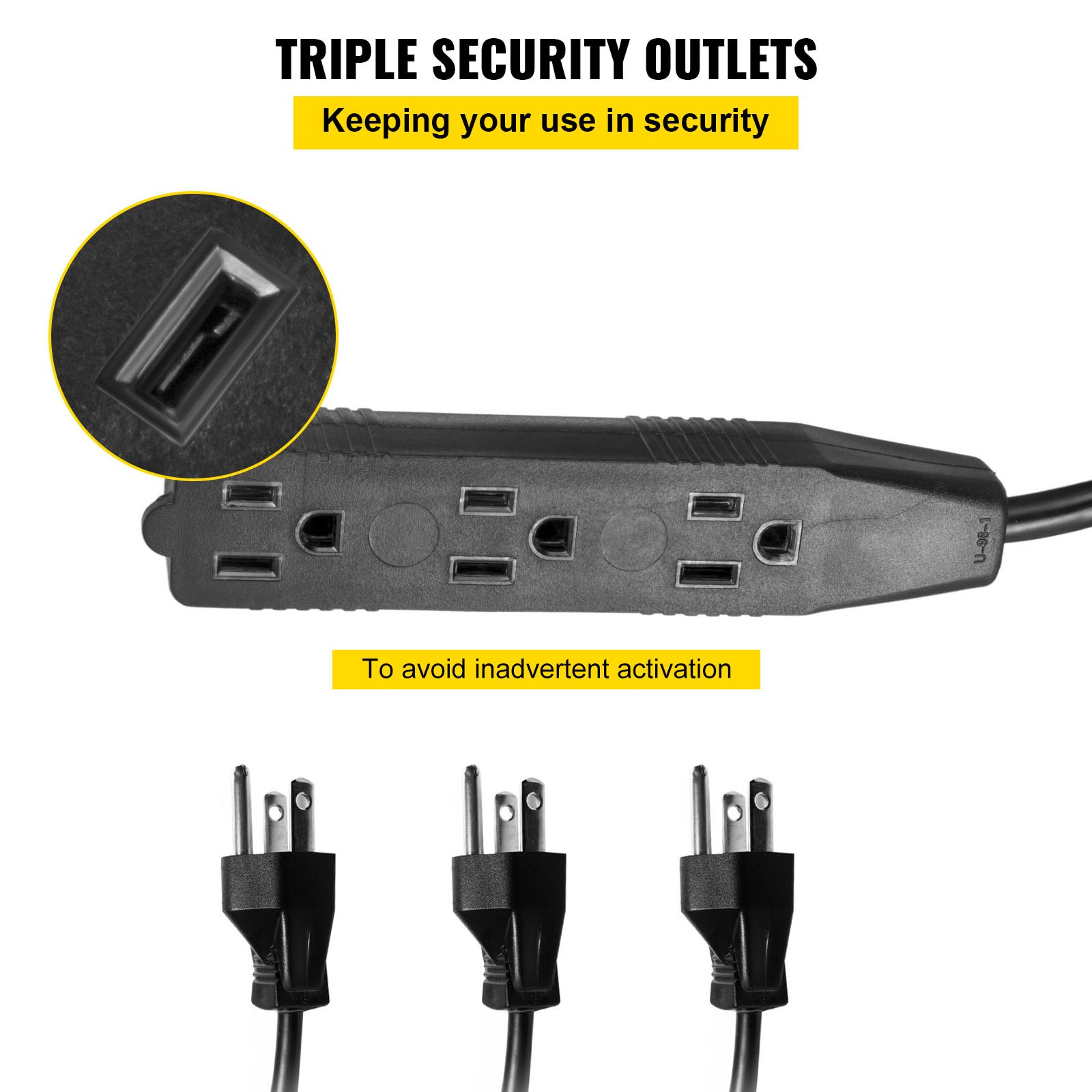 Carrete de cable de extensión retráctil VEVOR con enchufes y salidas de triple seguridad.