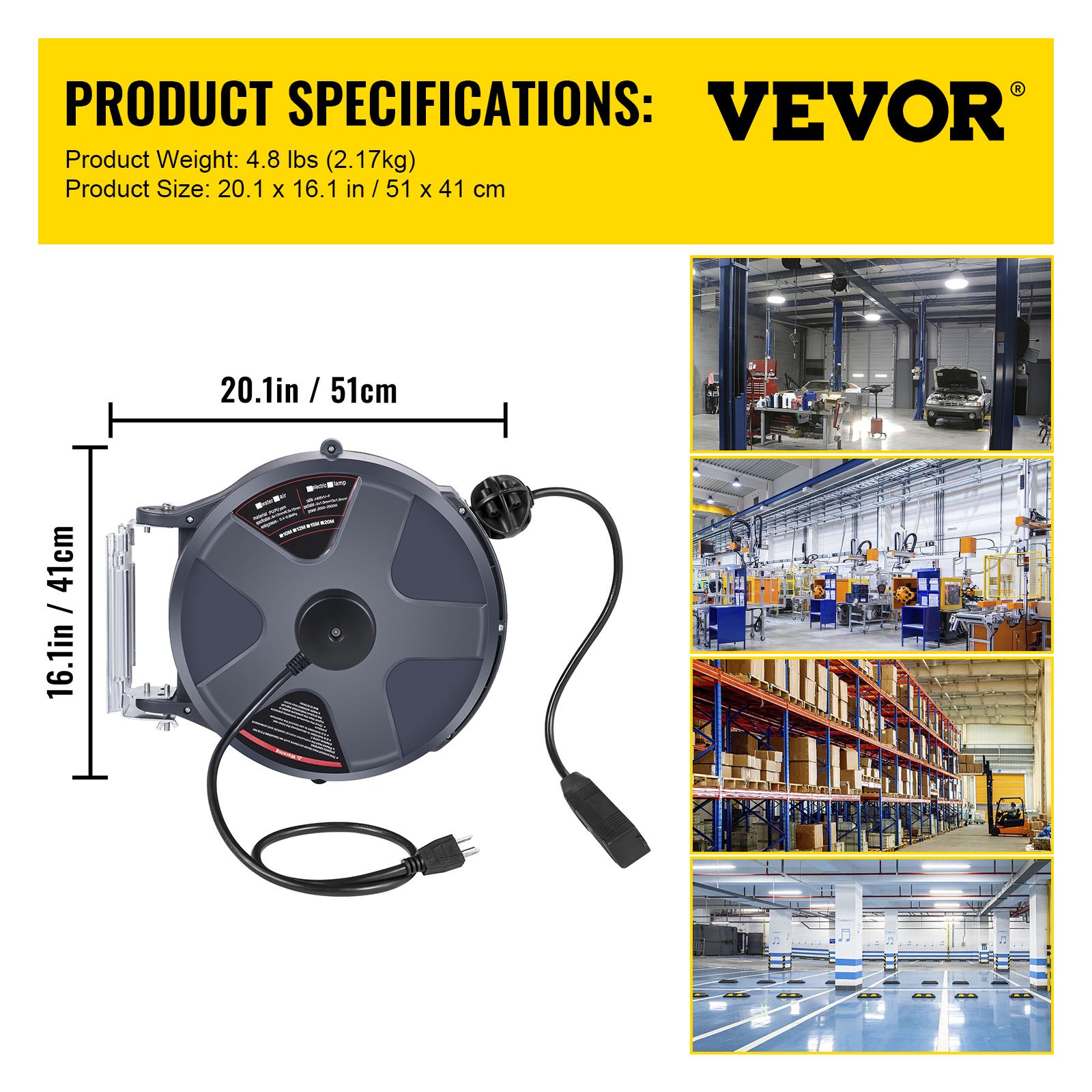 Carrete de cable de extensión retráctil VEVOR con dimensiones y escenas de uso en una fábrica.