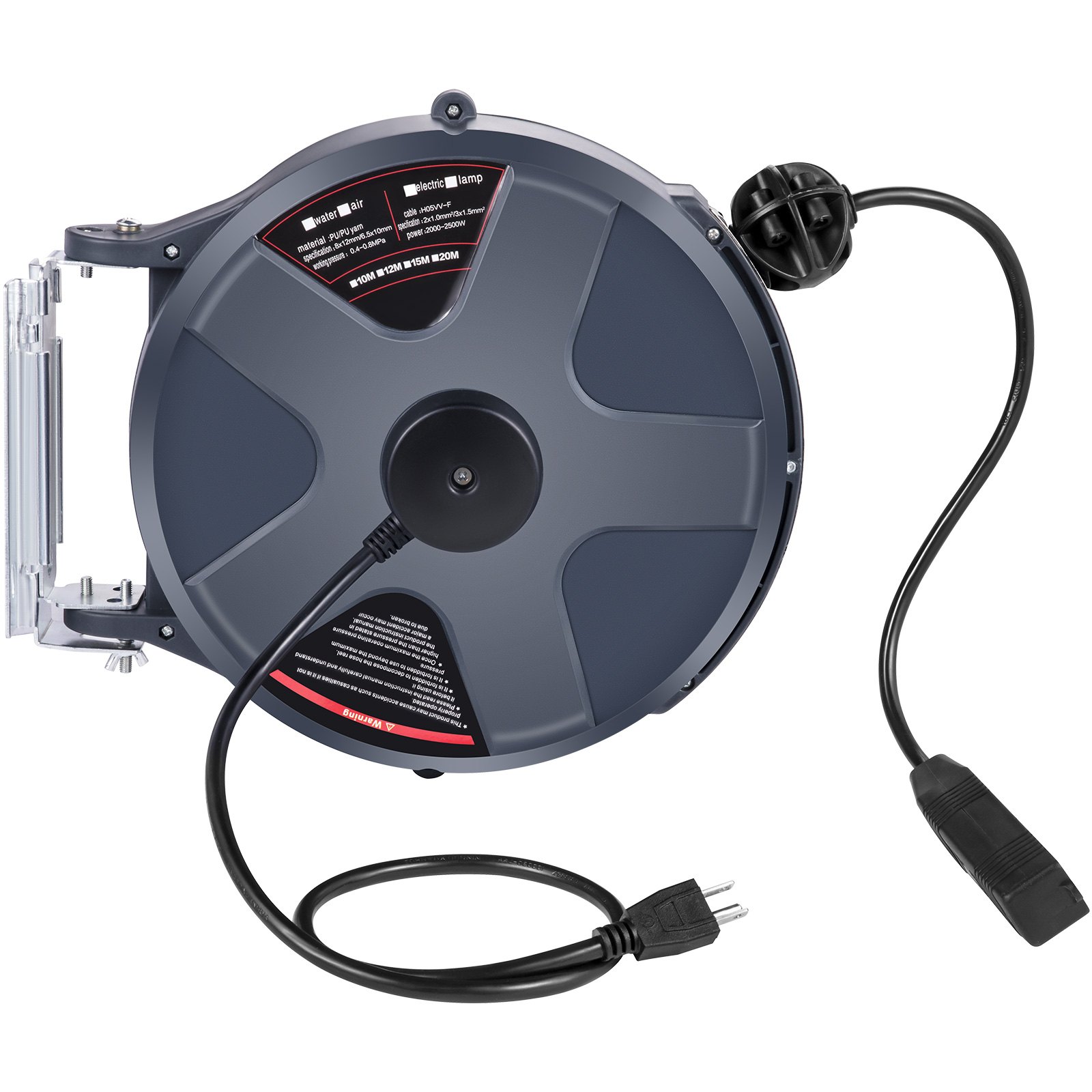 Carrete de cable de extensión retráctil VEVOR con soporte de pared y enchufe de alimentación.