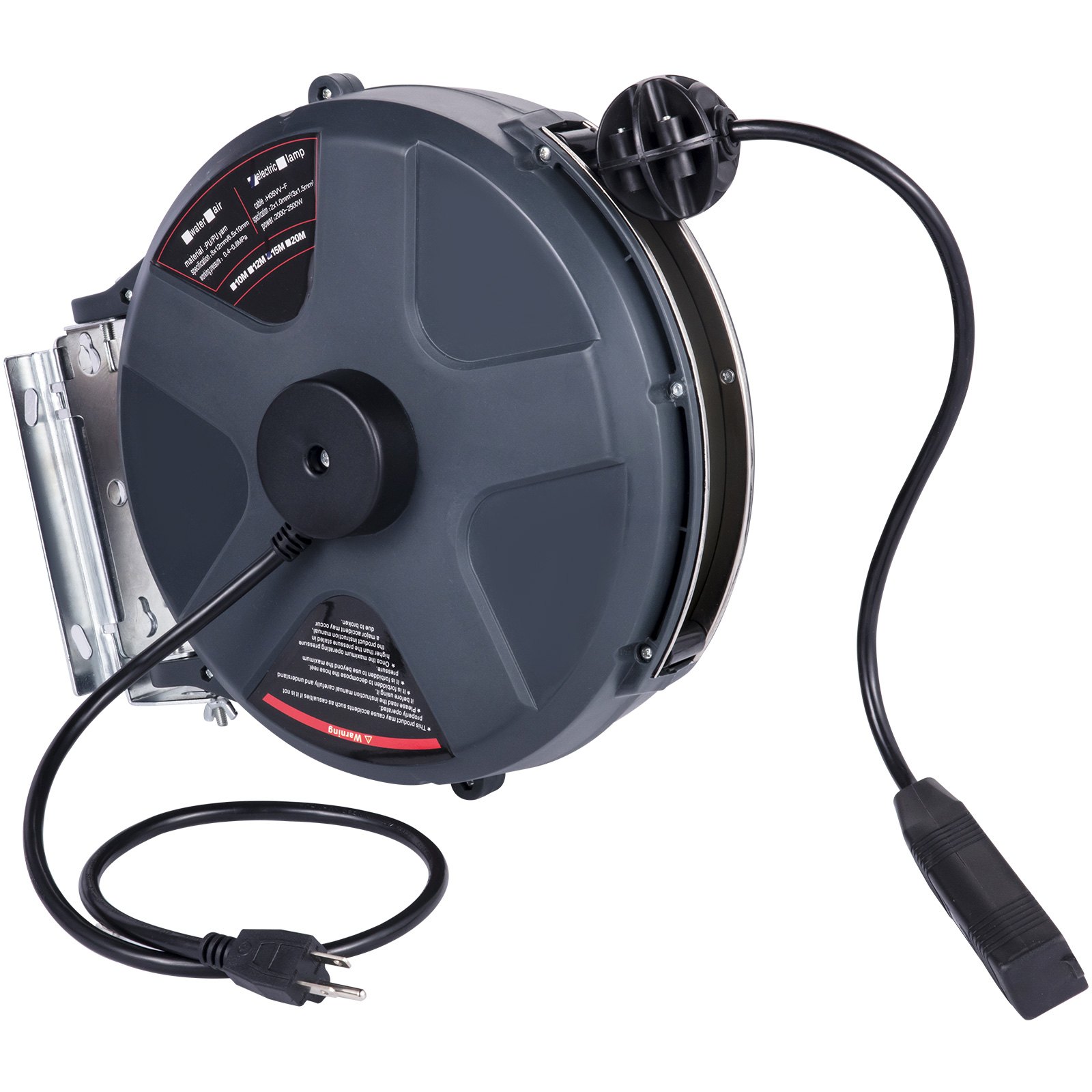 Carrete de cable de extensión retráctil VEVOR con cable negro y soporte de montaje.