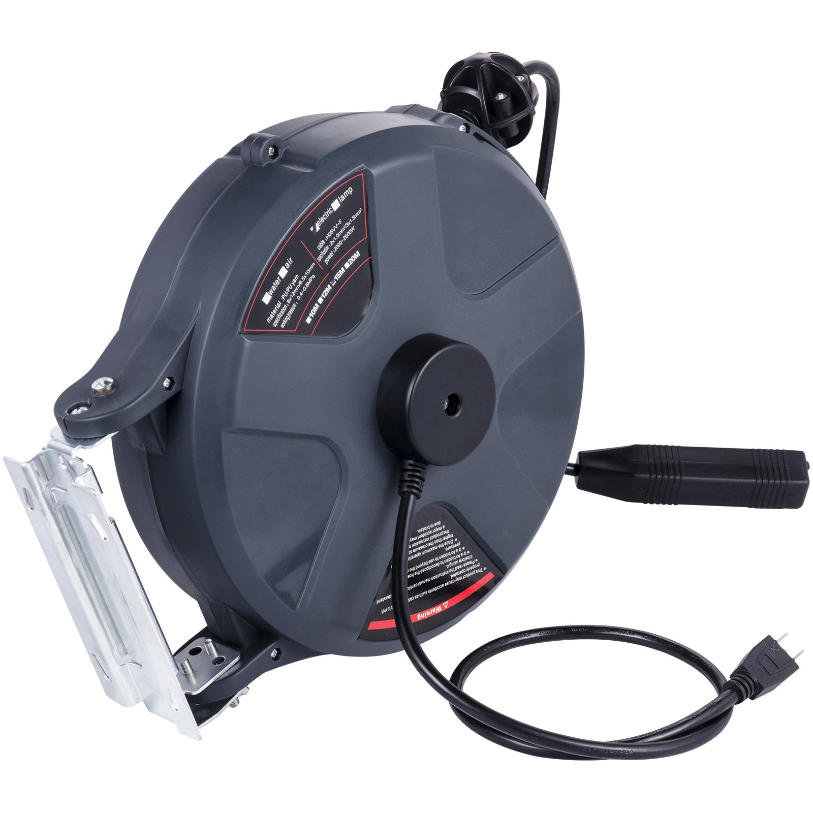 Carrete de cable de extensión retráctil VEVOR con soporte de pared y enchufe de alimentación.