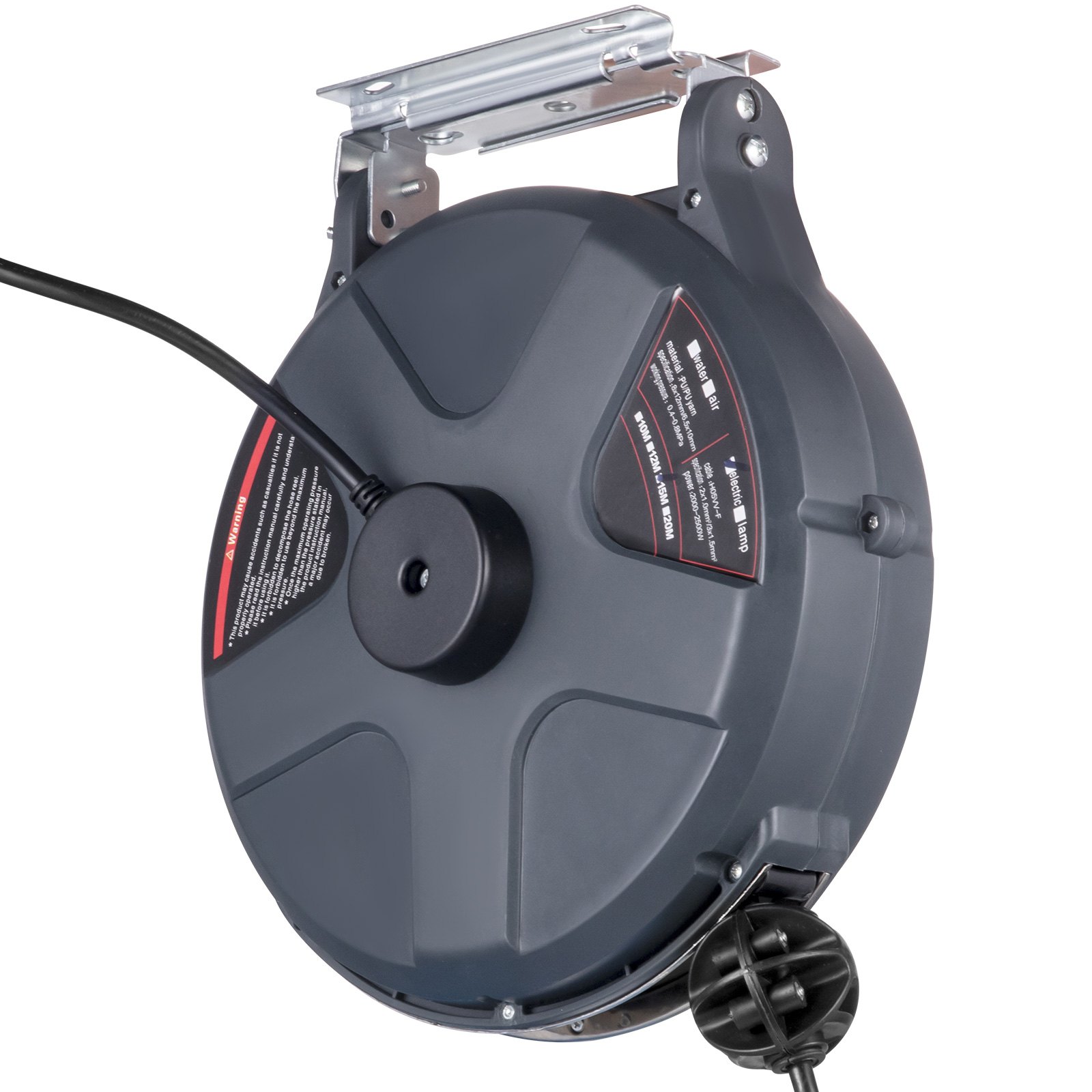 Carrete de cable de extensión retráctil VEVOR con carcasa negra y soporte de montaje.