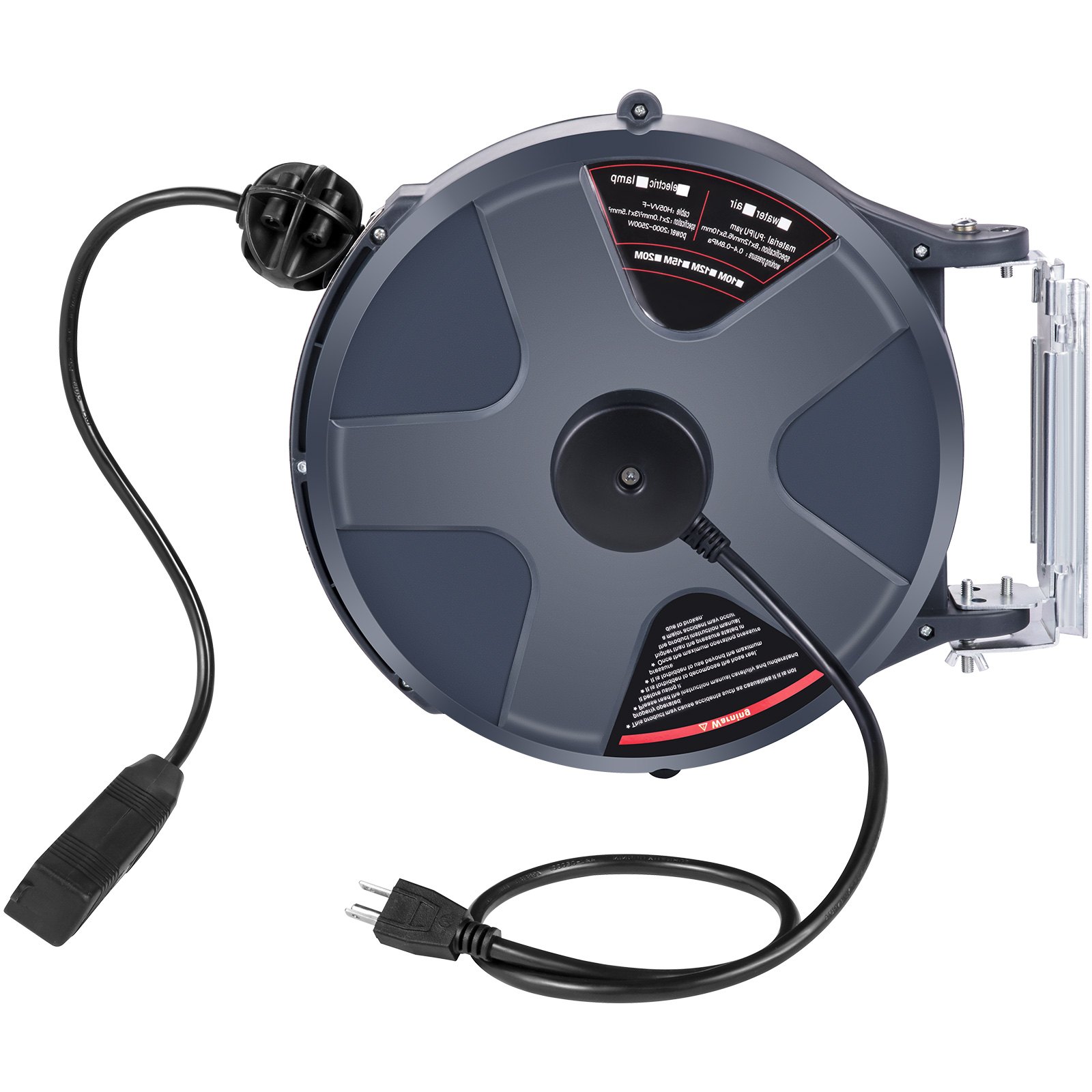 Carrete de cable de extensión retráctil VEVOR con enchufes dobles y soporte de montaje en pared.